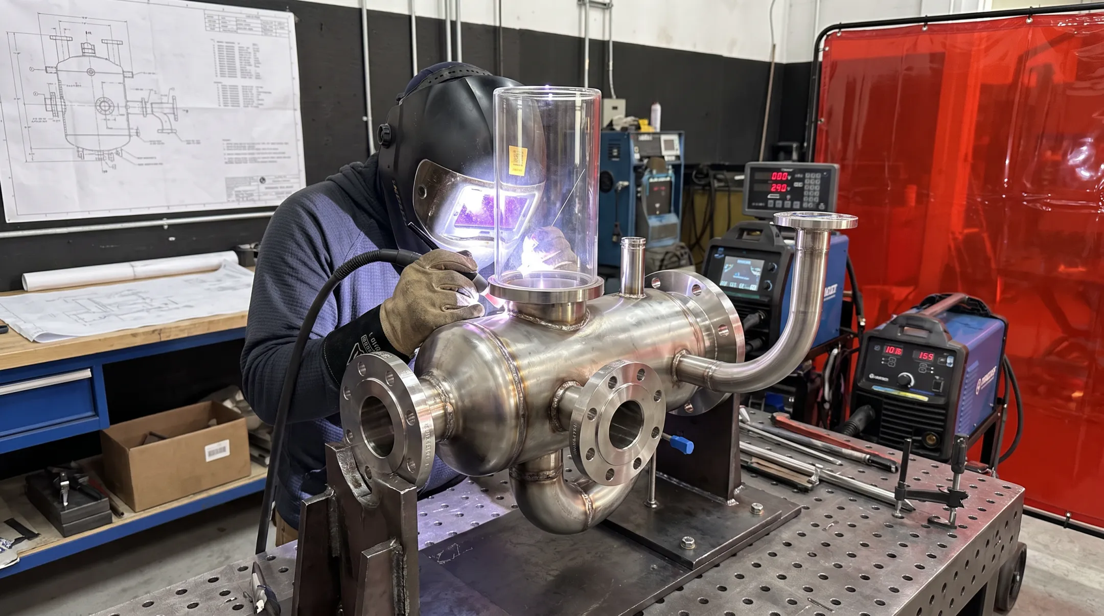 Welder fabricating pressure vessel using precision inert gas welding setup