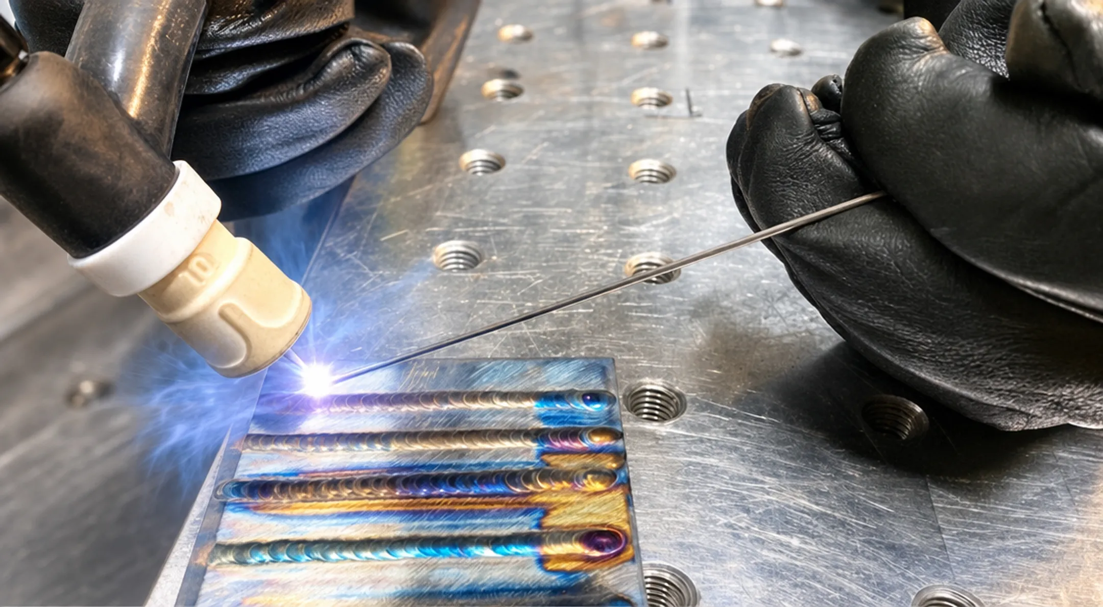 TIG welder using argon shielding gas on stainless steel joint