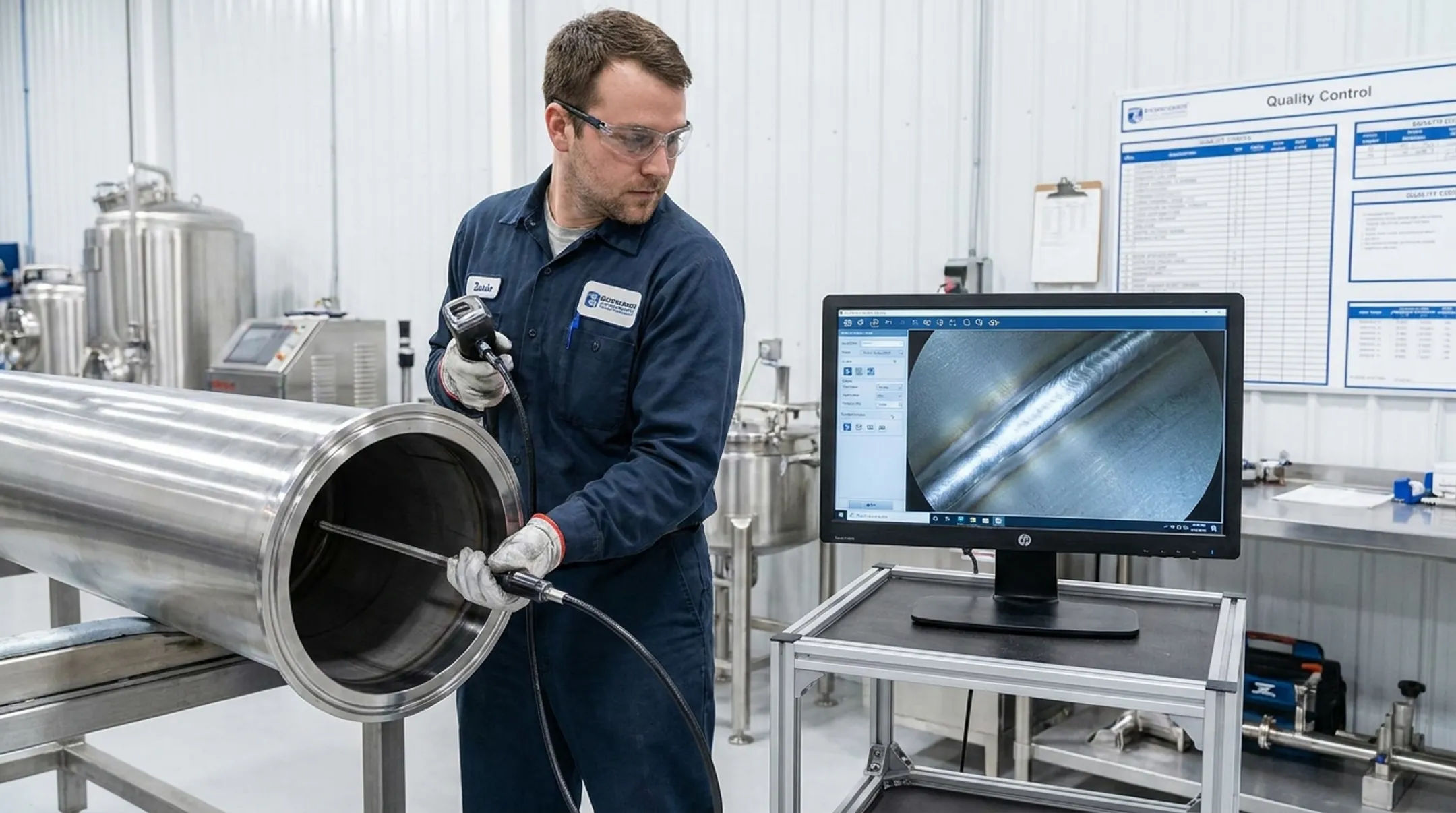 Borescope inspection of sanitary stainless steel pipe weld interior