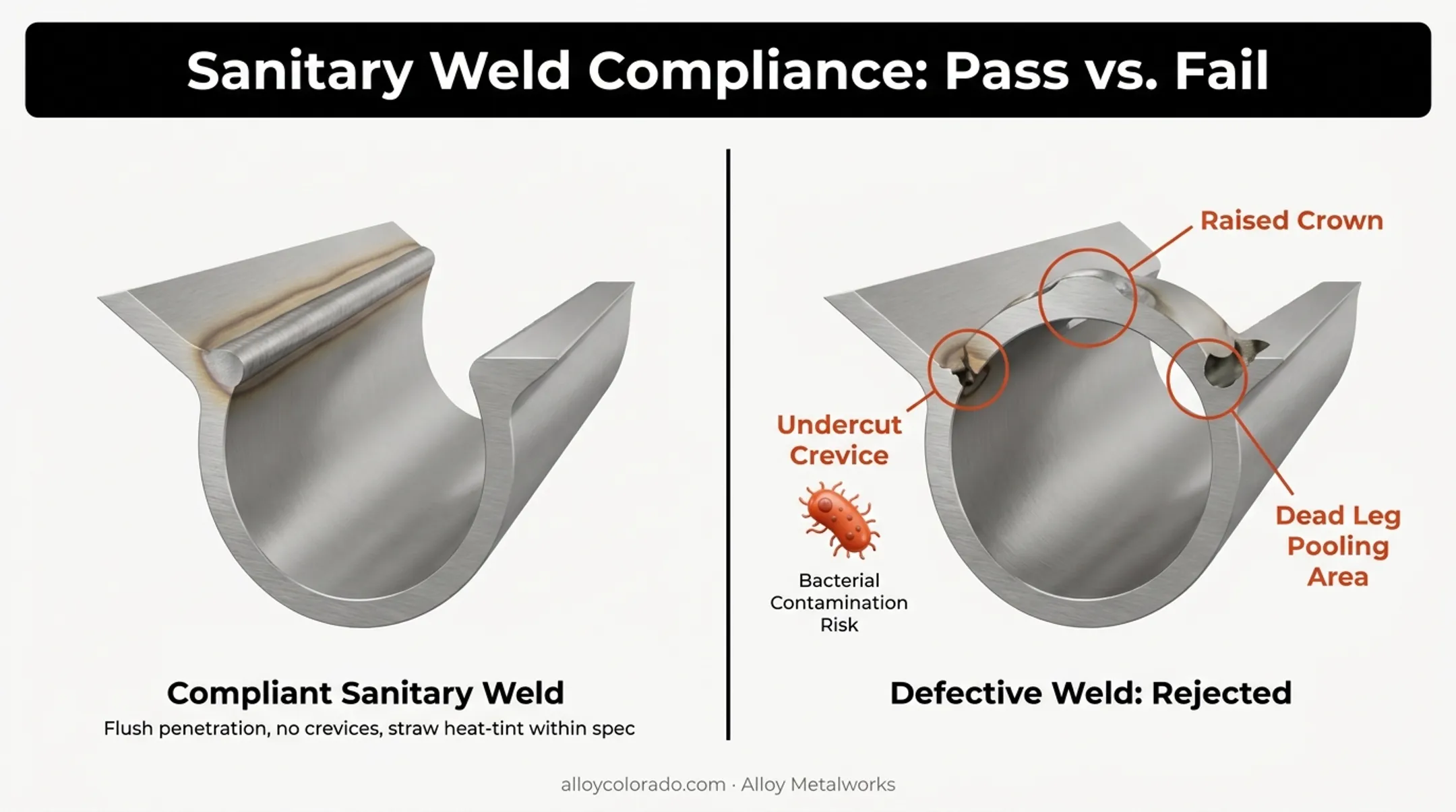 Sanitary weld defects comparison showing crowns crevices and dead legs
