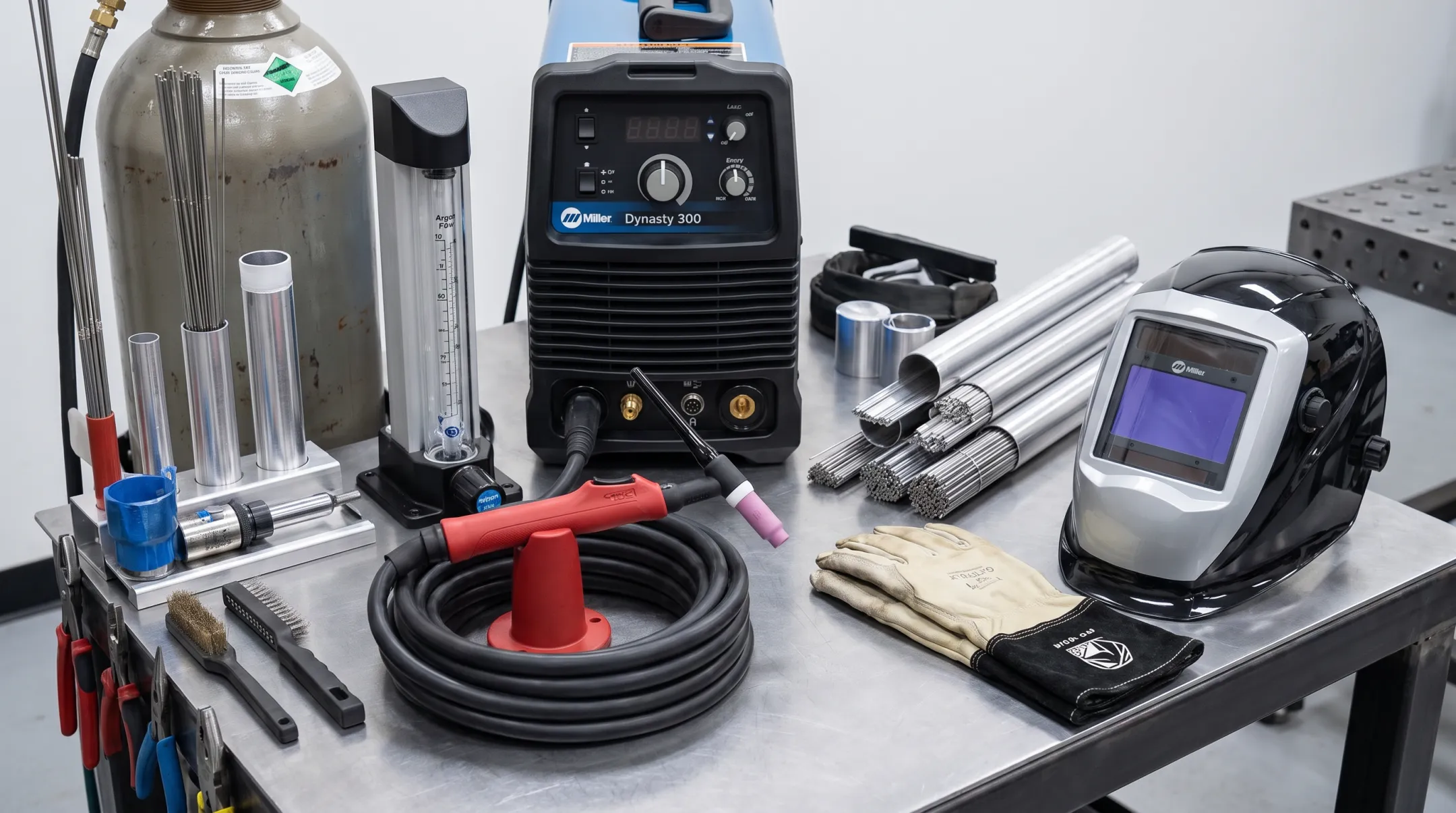 TIG welding equipment setup with torch gauges and gloves
