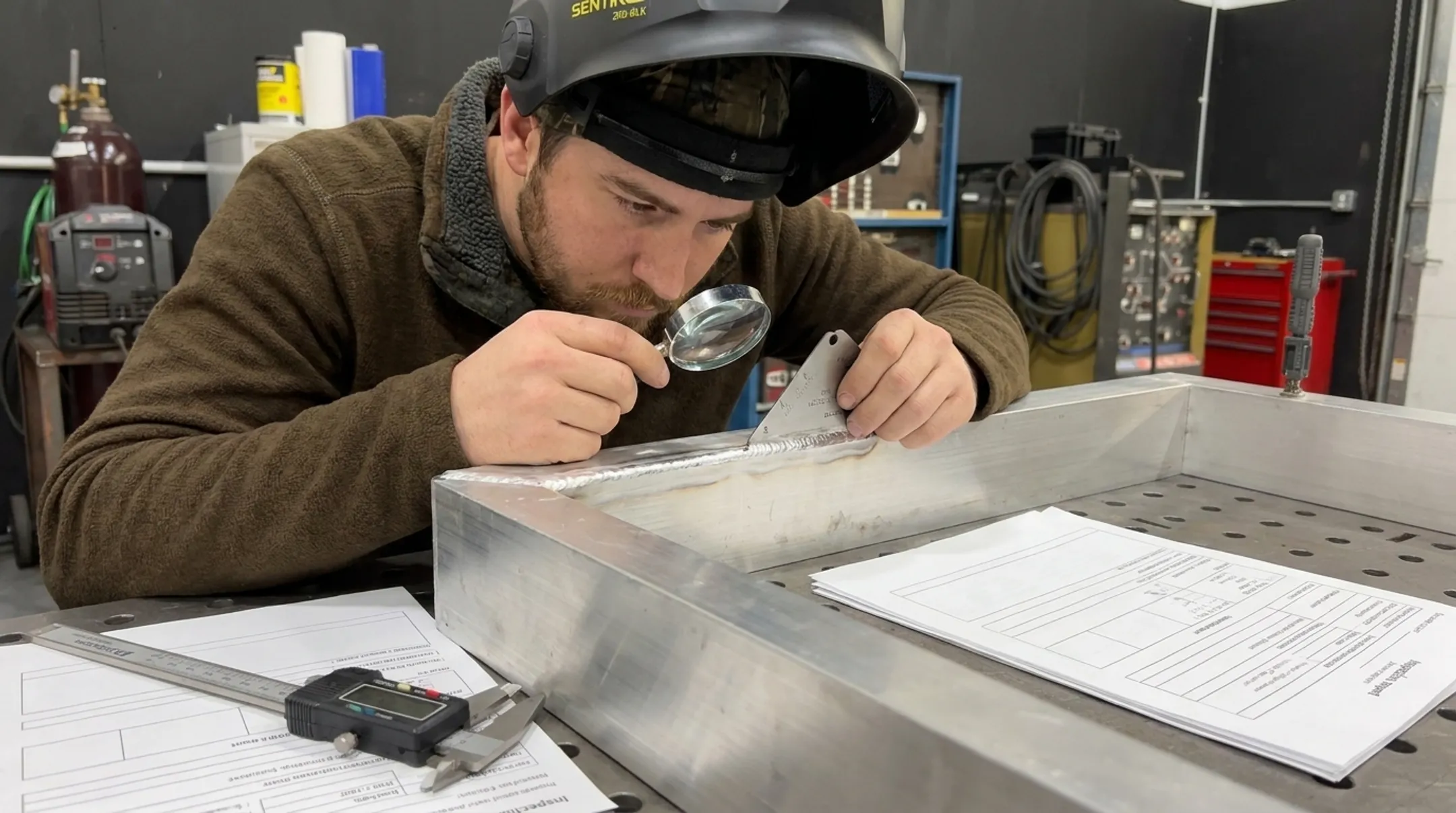 Certified welder inspecting finished aluminum TIG weld seam