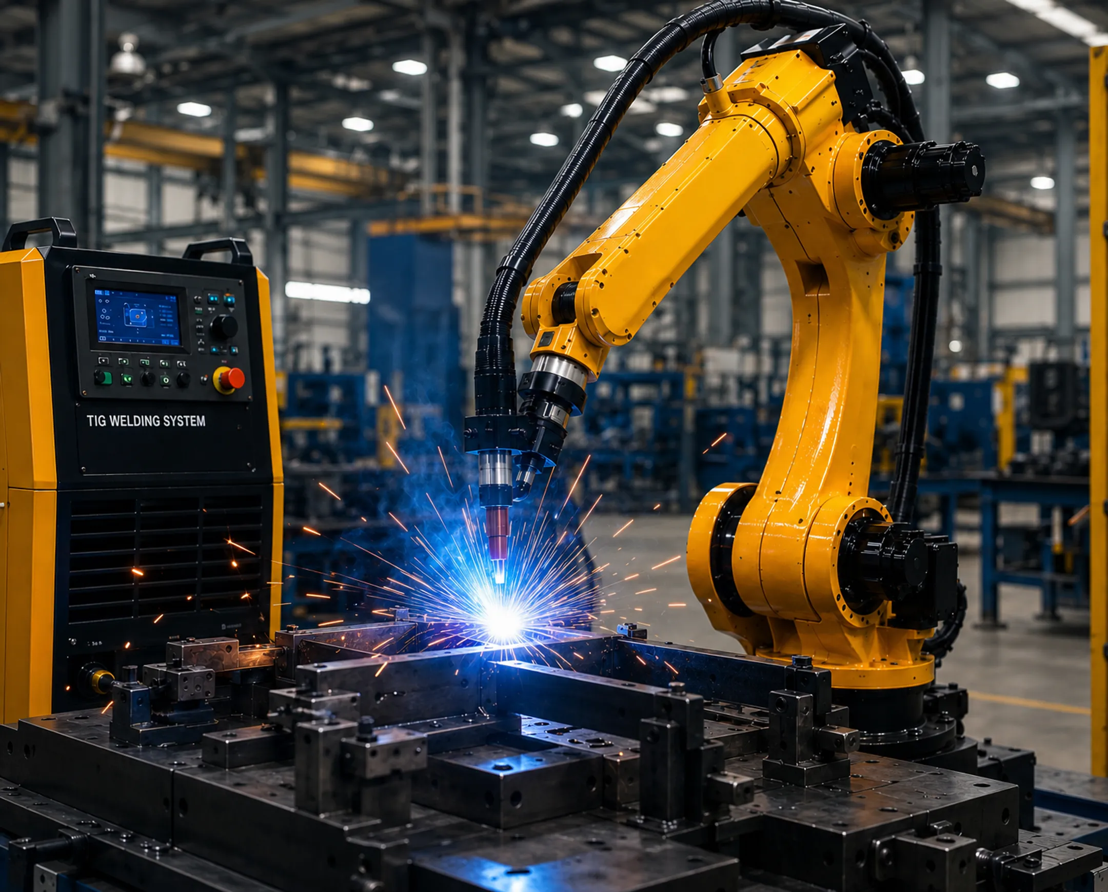 Industrial robotic arm performing TIG welding on metal component