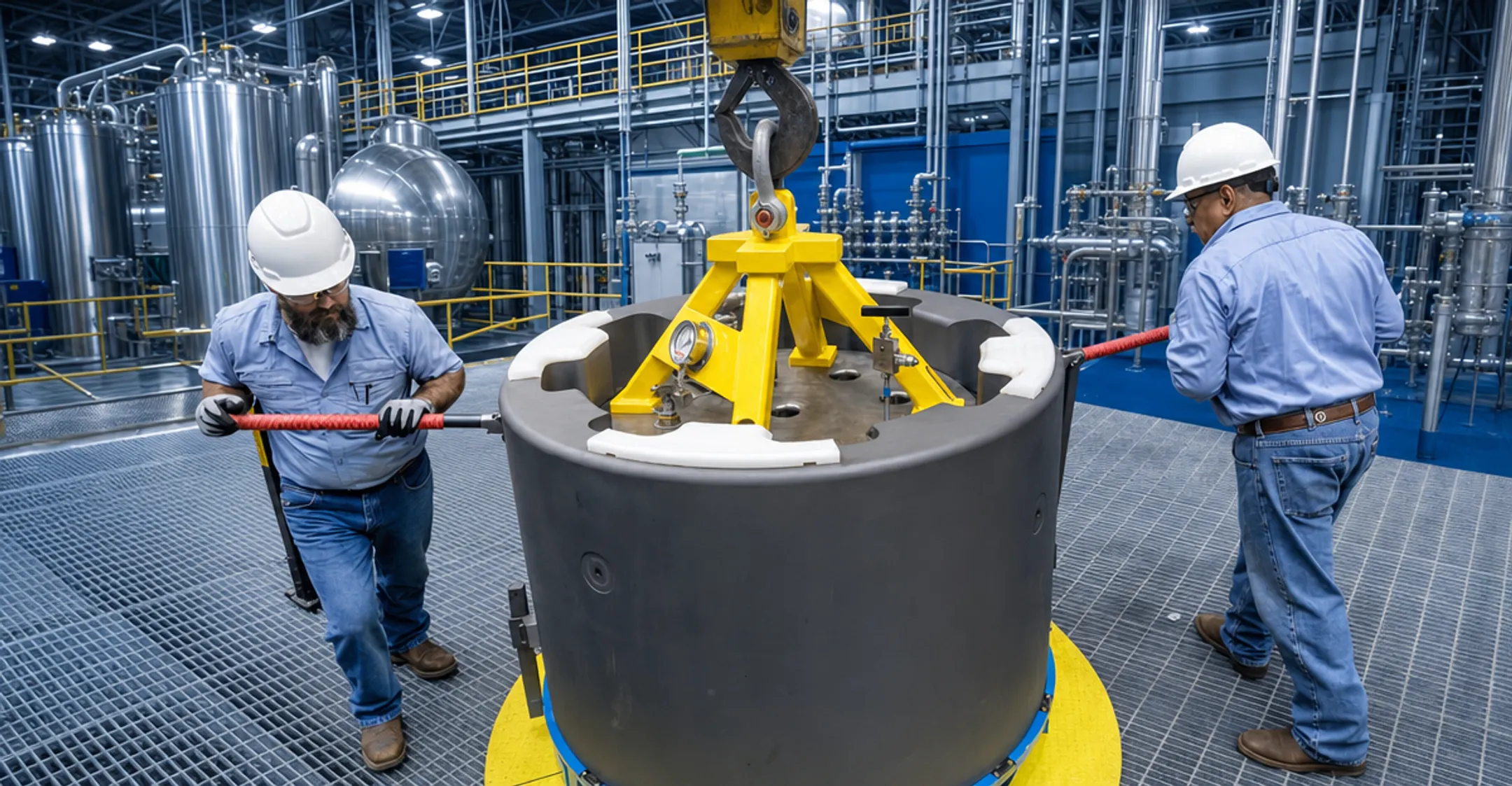 Aerospace pressure vessel testing facility with technicians inspecting equipment