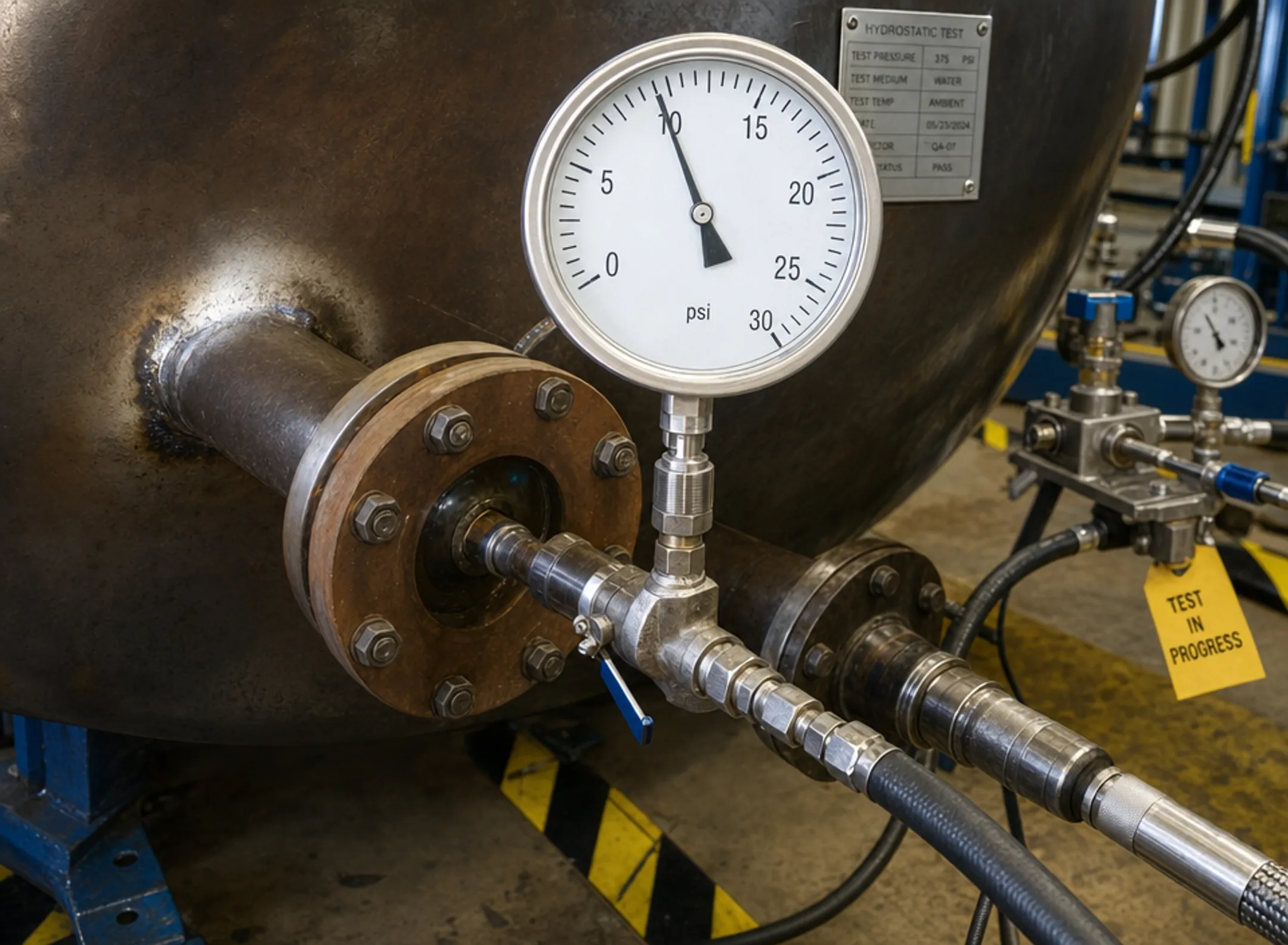 Industrial technician performing hydrostatic pressure test on steel vessel