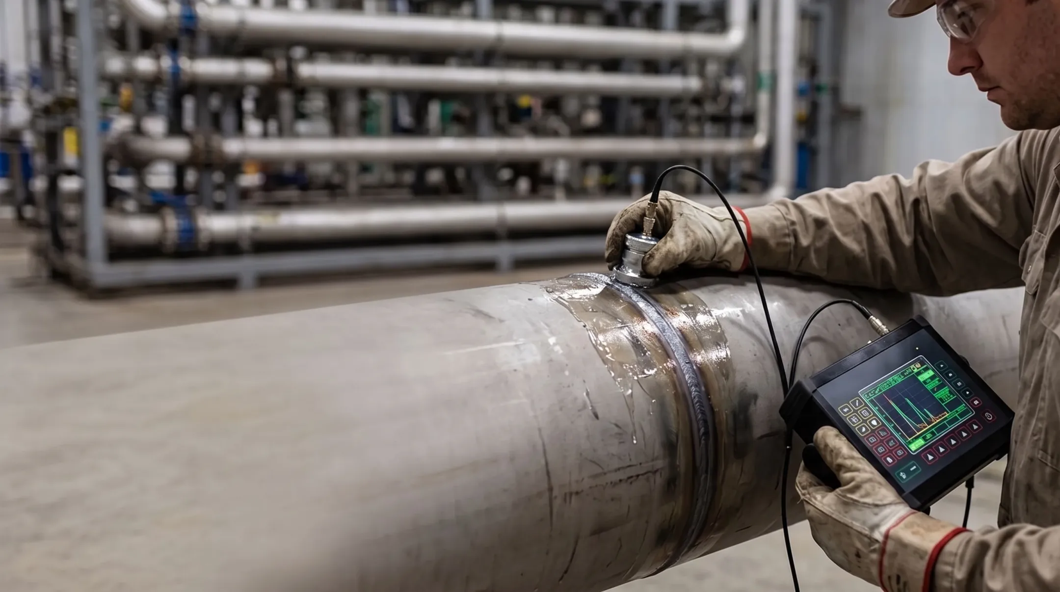 Technician performing ultrasonic testing inspection on industrial pipe weld