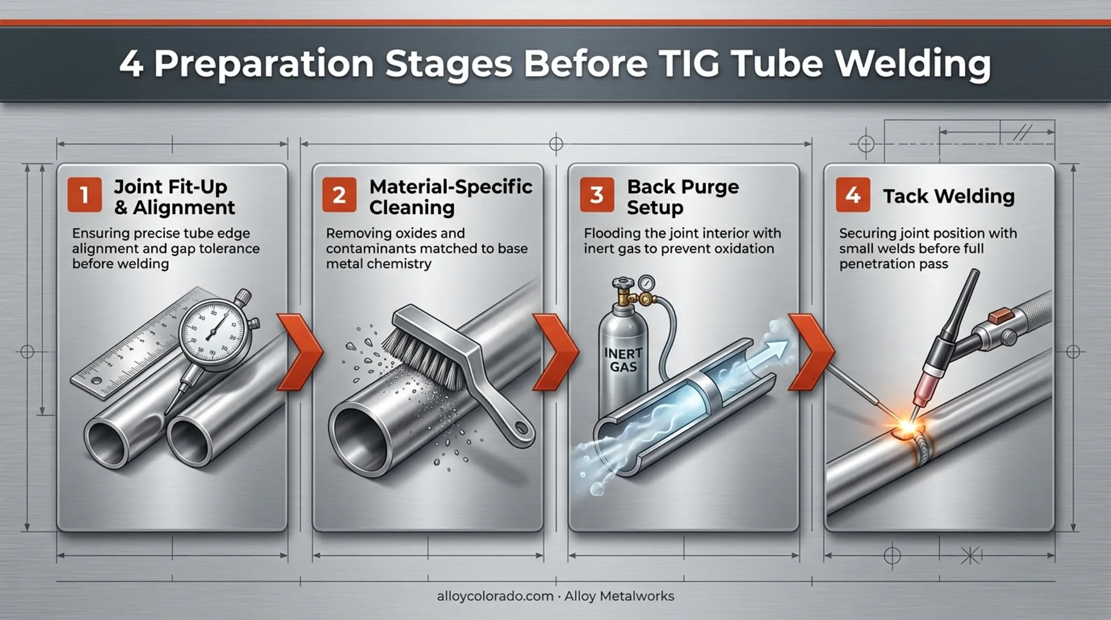 Tube welding preparation steps from fit-up to purge to tacking