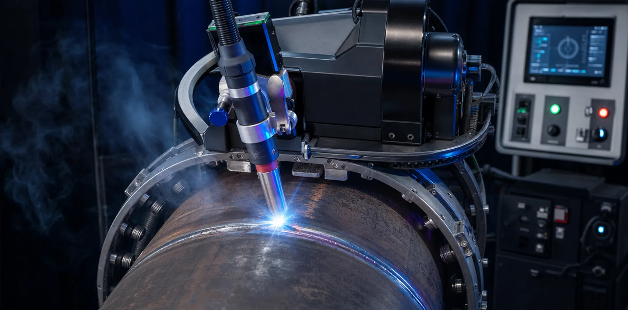 Orbital welding machine performing automated pipe joint on tube