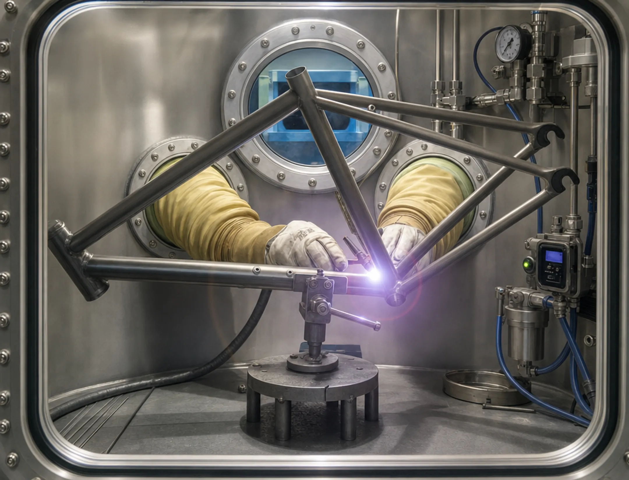 Titanium welding inside inert gas purge chamber for aerospace parts