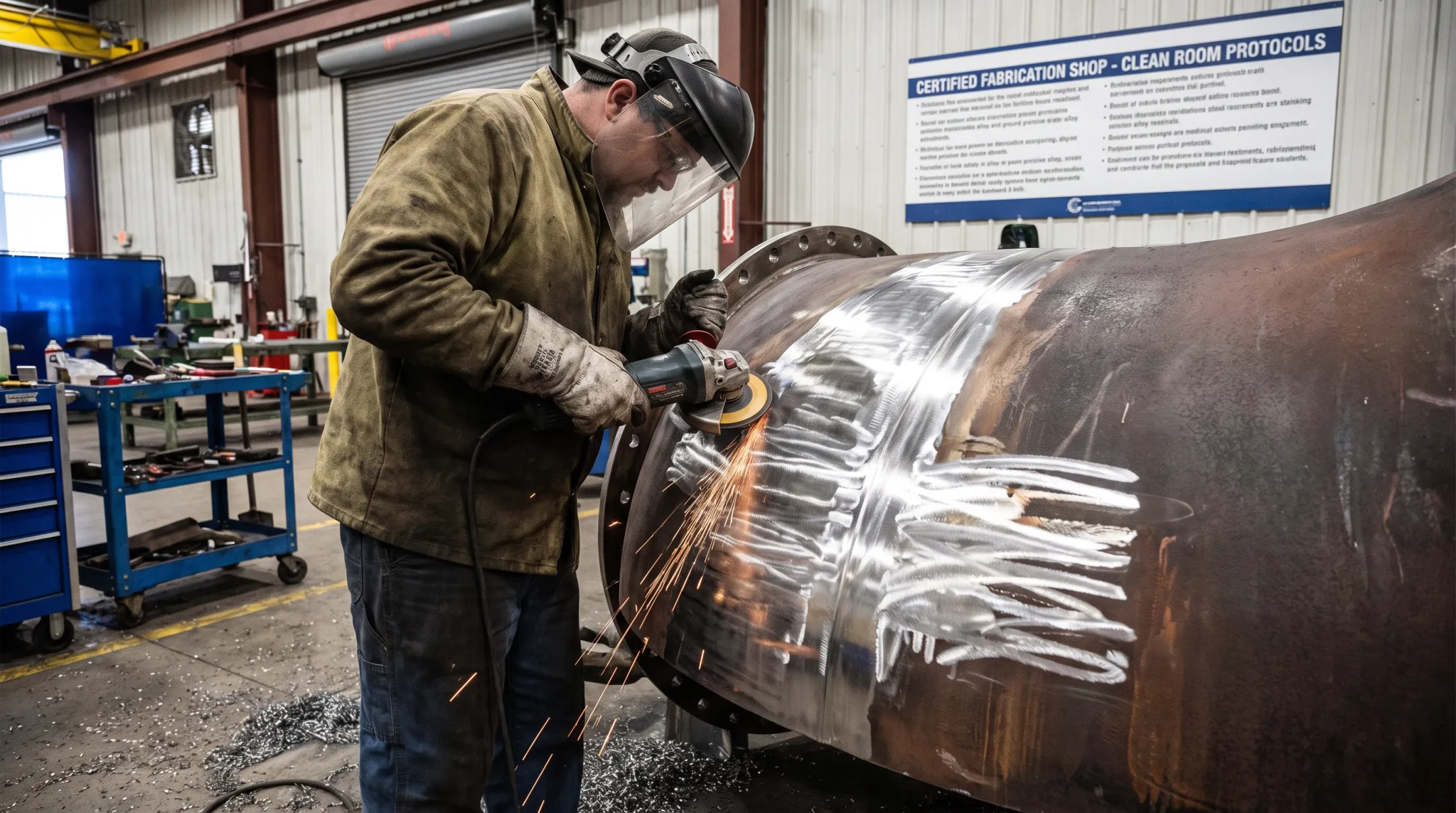 Technician grinding nickel alloy surface to bright metal before welding