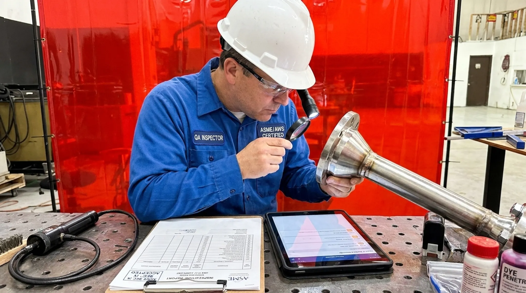 Certified welder inspecting finished Inconel component for aerospace client