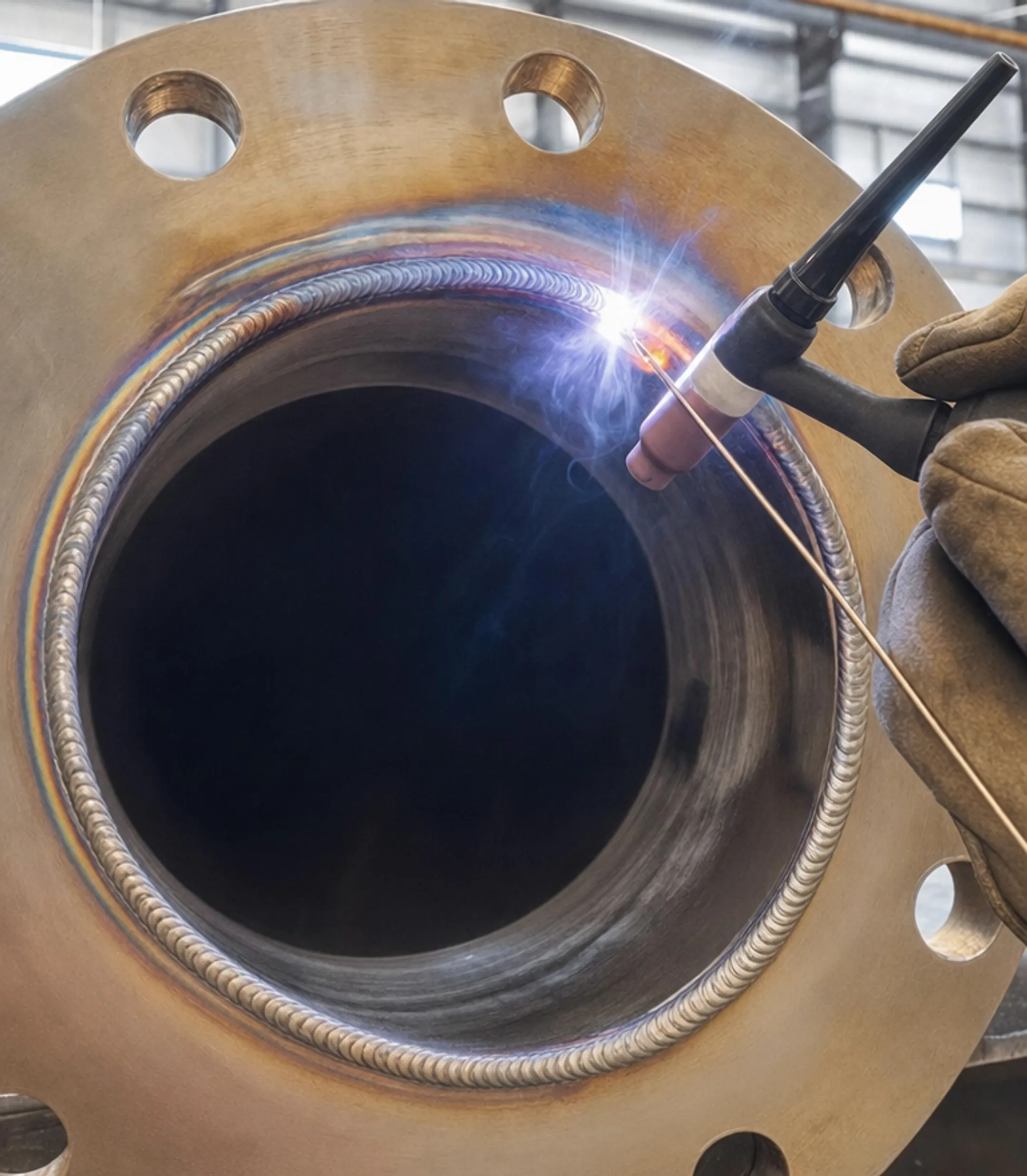 TIG welder working on nickel alloy pipe joint in shop