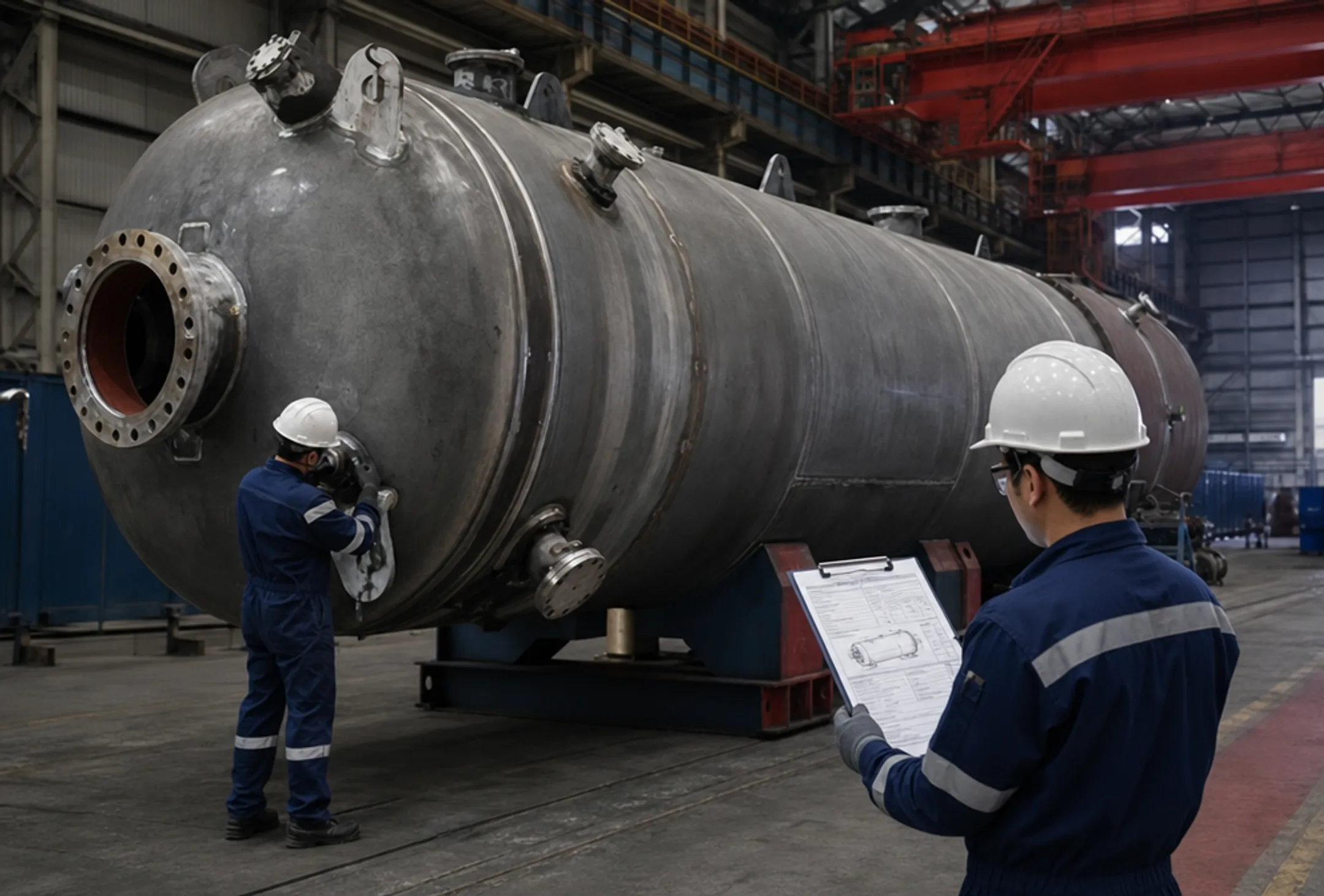 Certified welding inspector reviewing pressure vessel documentation and code compliance records