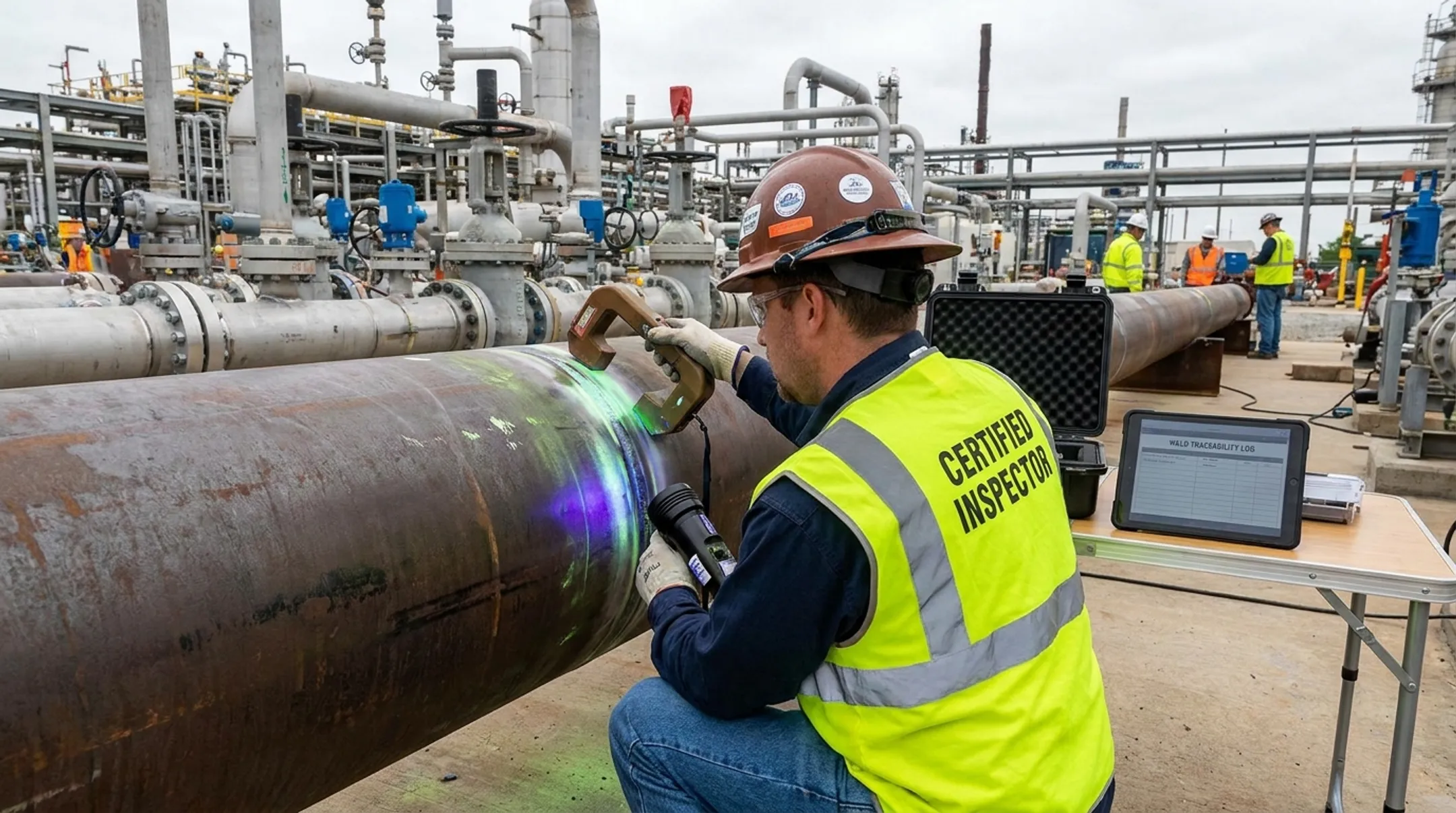 Certified inspector performing weld inspection on cryogenic piping system