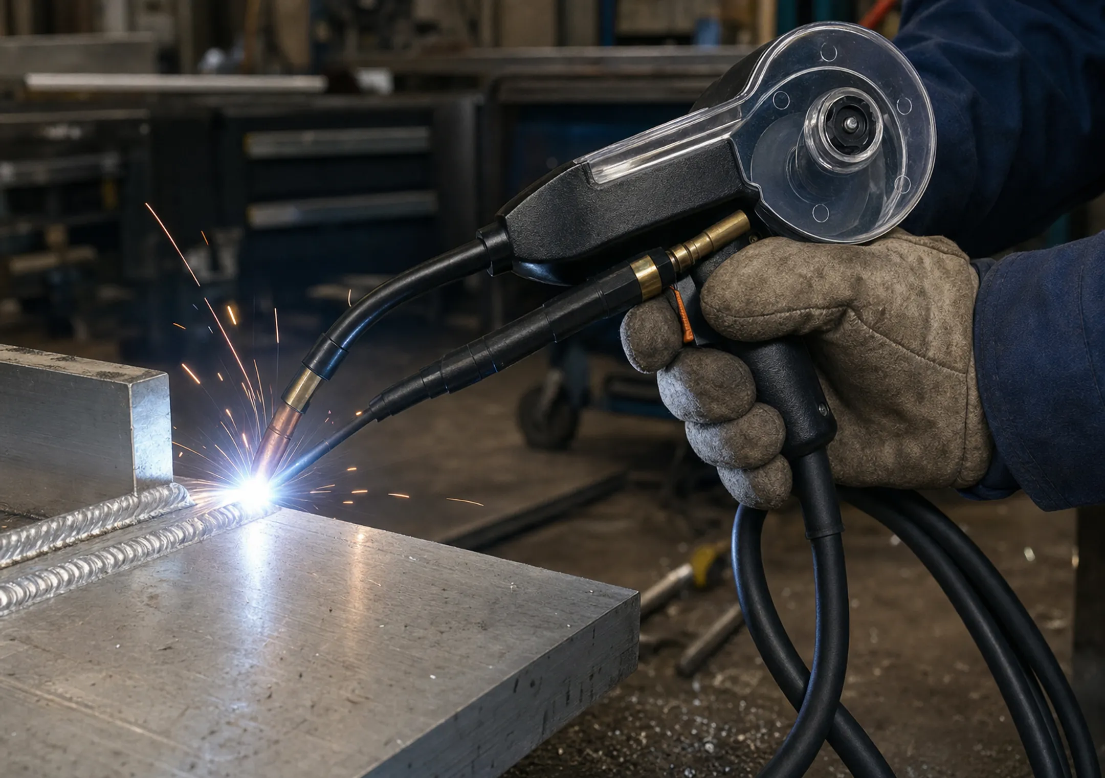 MIG spool gun welding thick aluminum section in industrial workshop