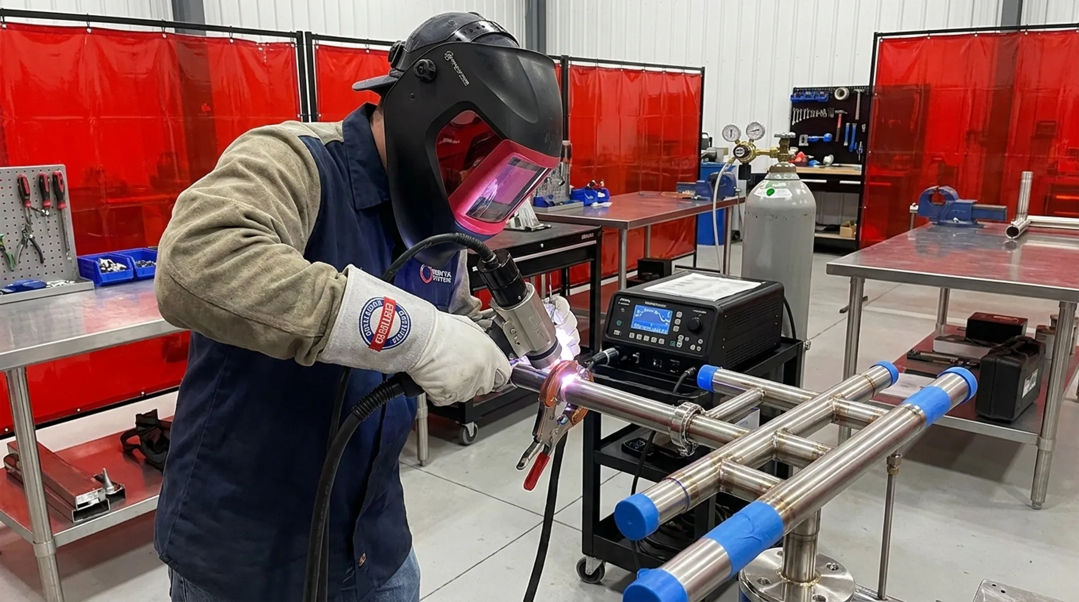 Certified welding technician performing orbital welding on specialty alloy tubing