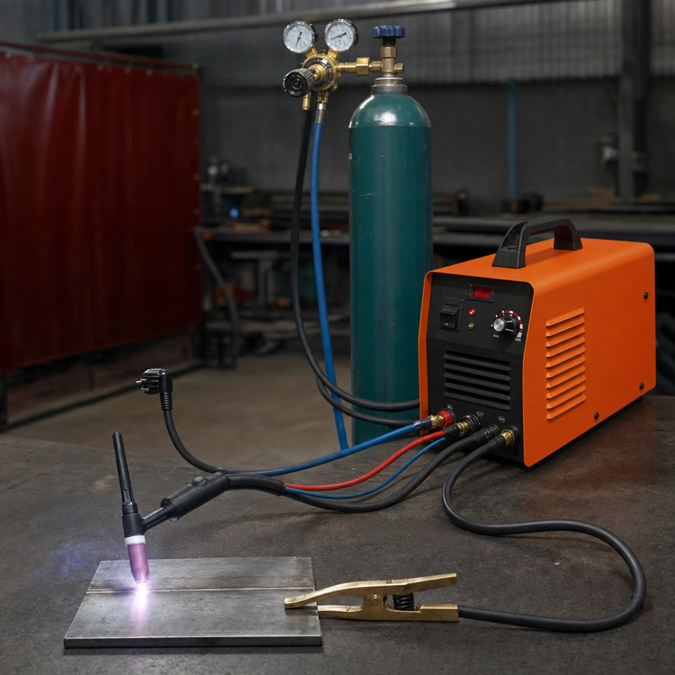 TIG welding setup with argon shielding gas equipment and torch