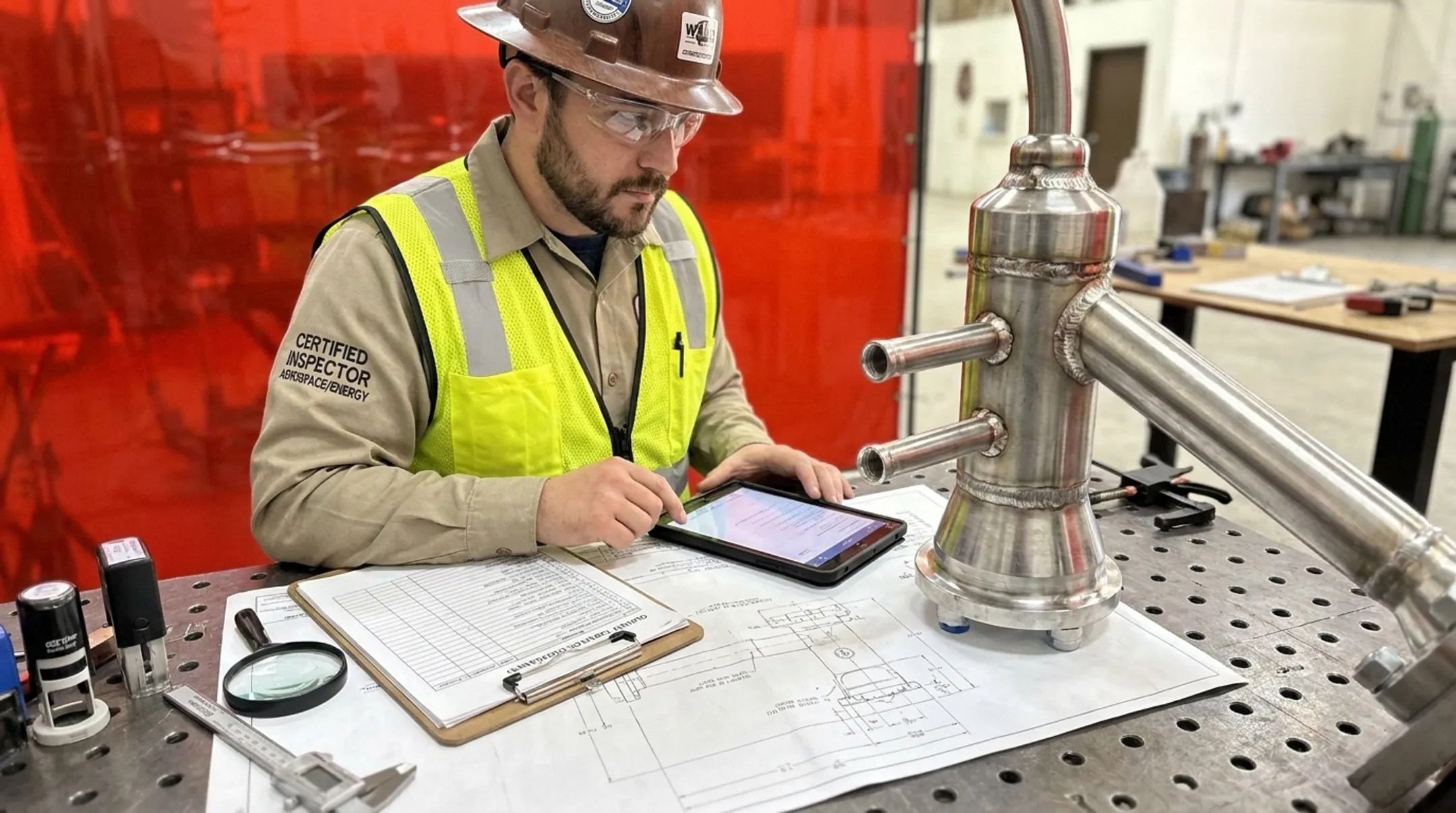 Certified welder inspecting aluminum aerospace component documentation compliance