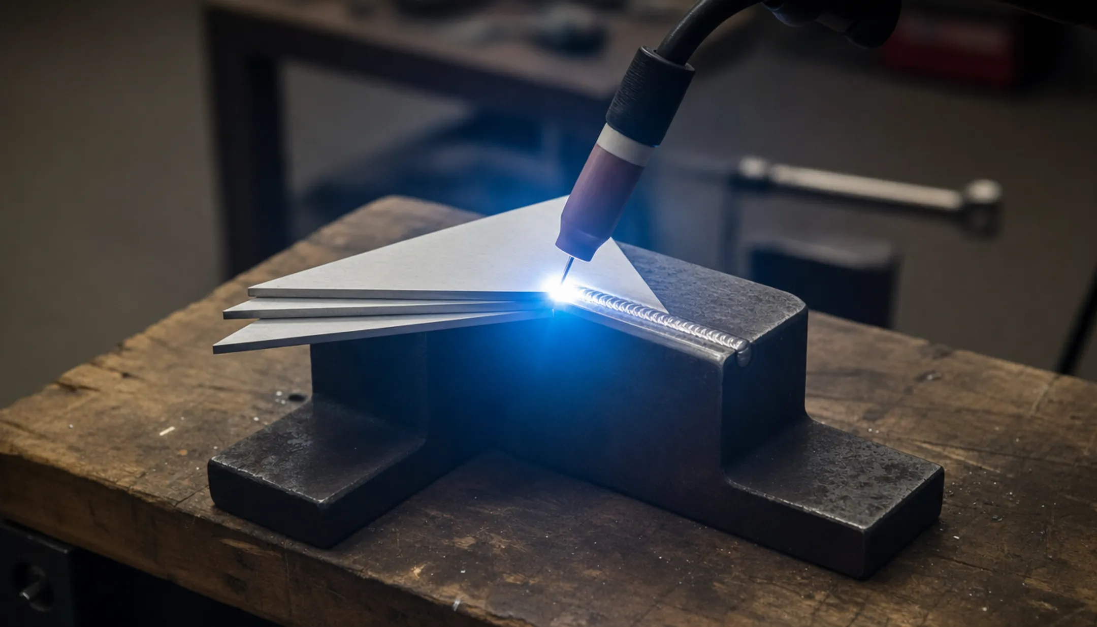 TIG welder using AC polarity torch on aluminum workpiece in shop