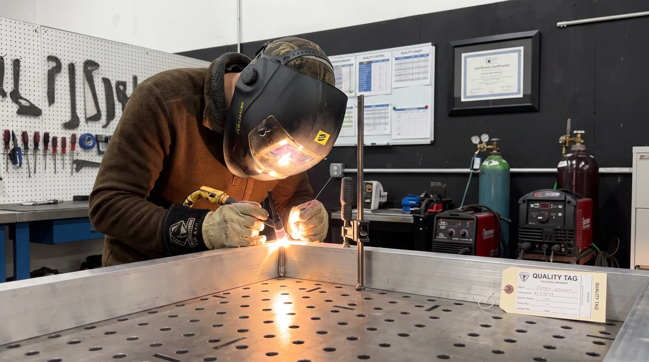 Certified welder performing precision TIG welding on aluminum component