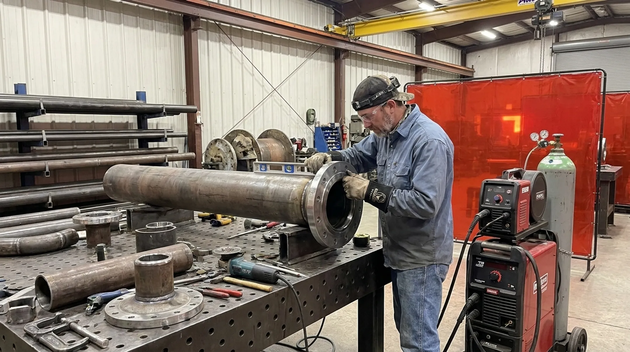 Shop technician welding stainless steel sanitary pipe spool on fabrication bench