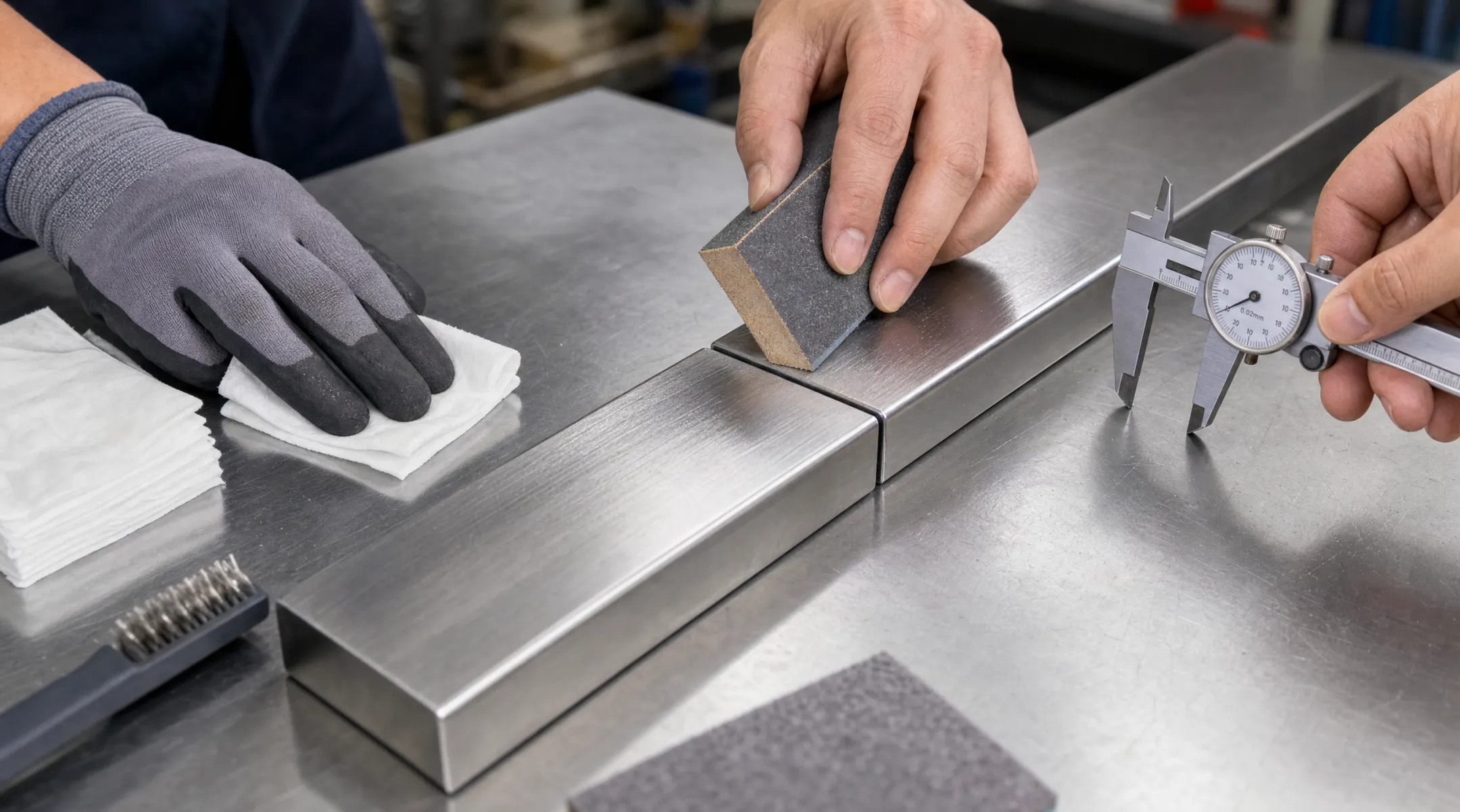 Welder cleaning stainless steel joint before TIG welding process