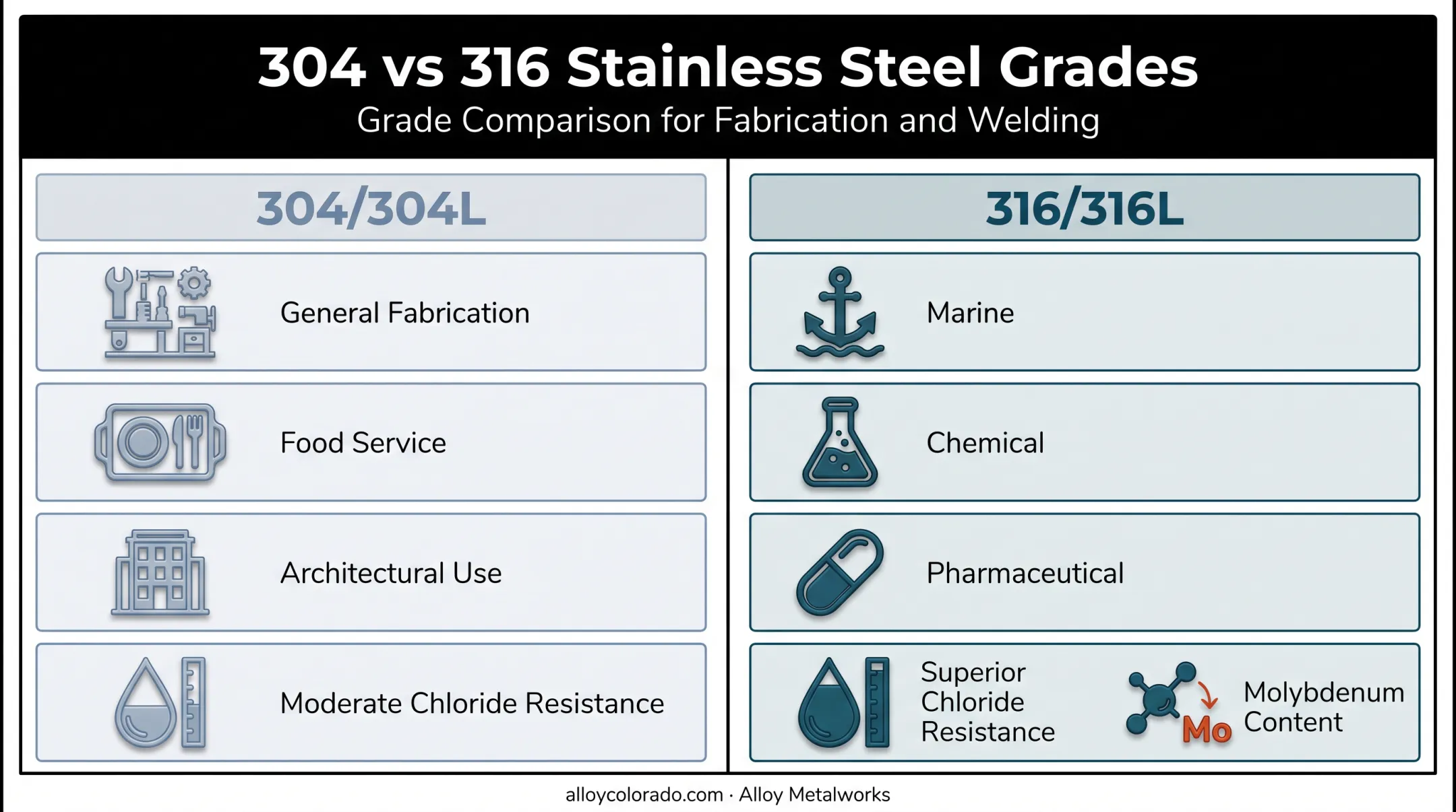 304 versus 316 stainless steel comparison chart for fabrication applications