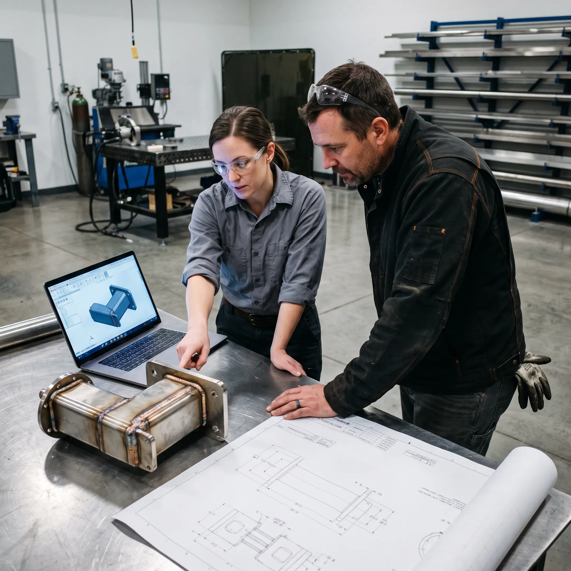 Engineer reviewing a 3D model beside a custom welded assembly