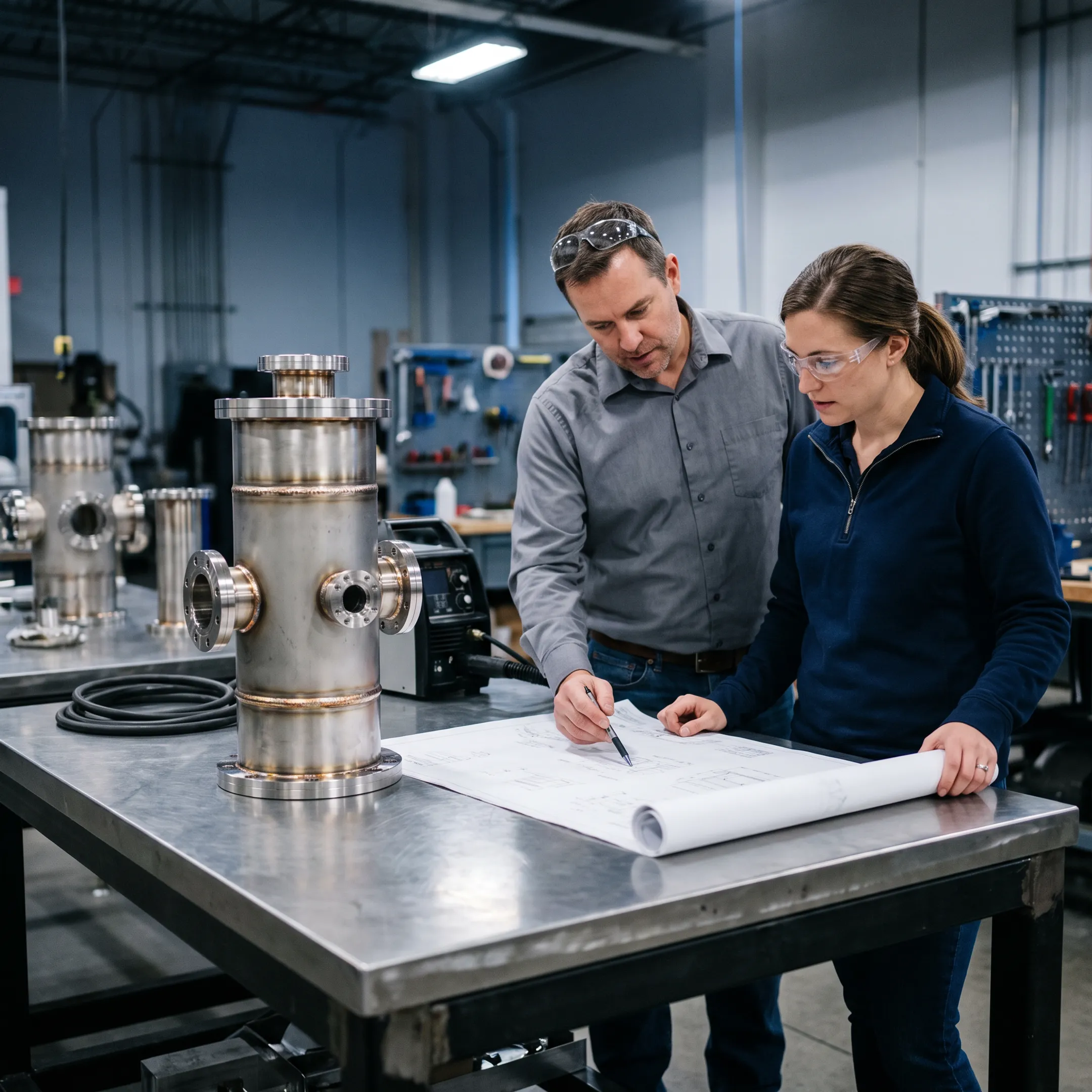 Fabrication specialists reviewing a technical equipment drawing beside a welded metal assembly