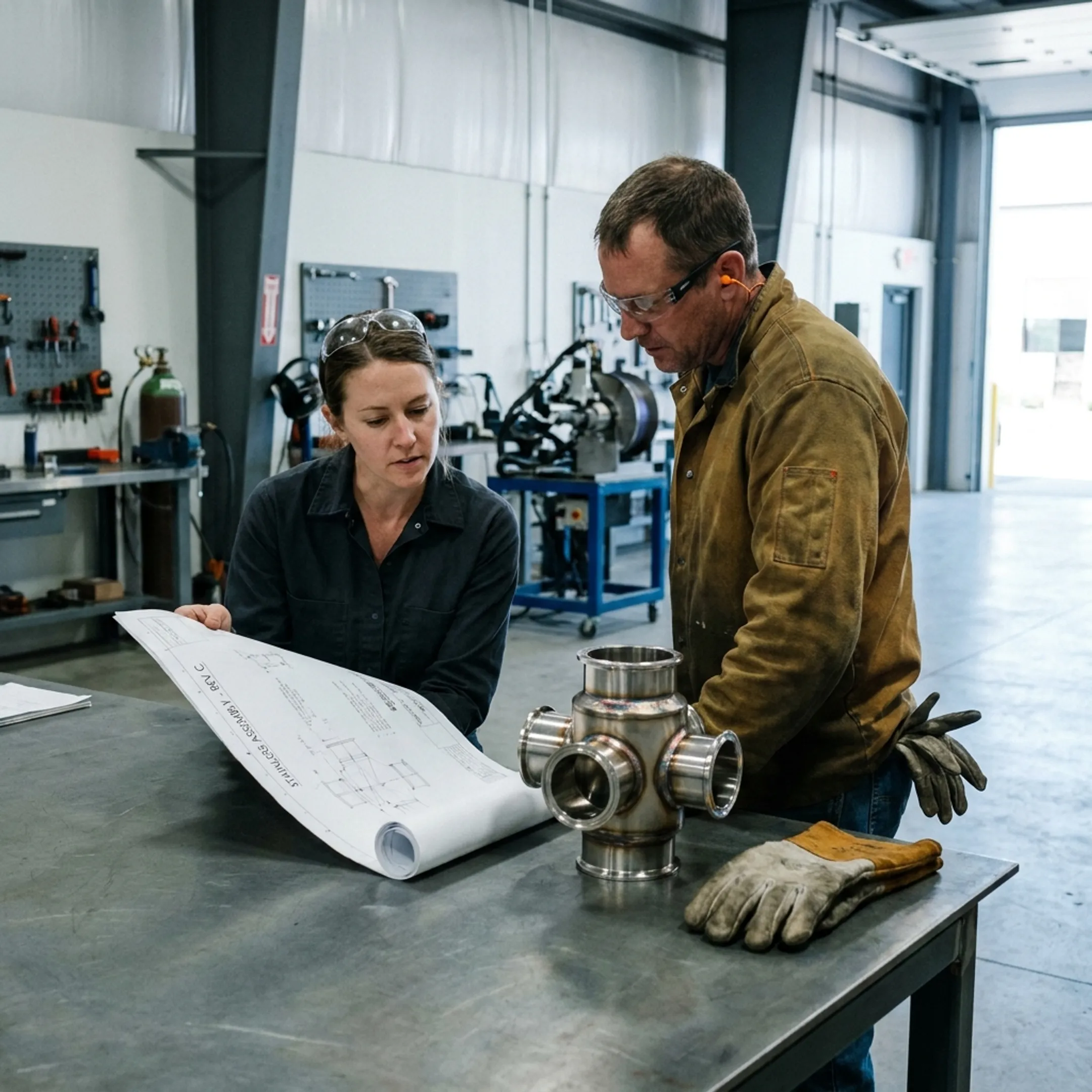 Engineer reviewing a detailed metal fabrication project with a welder