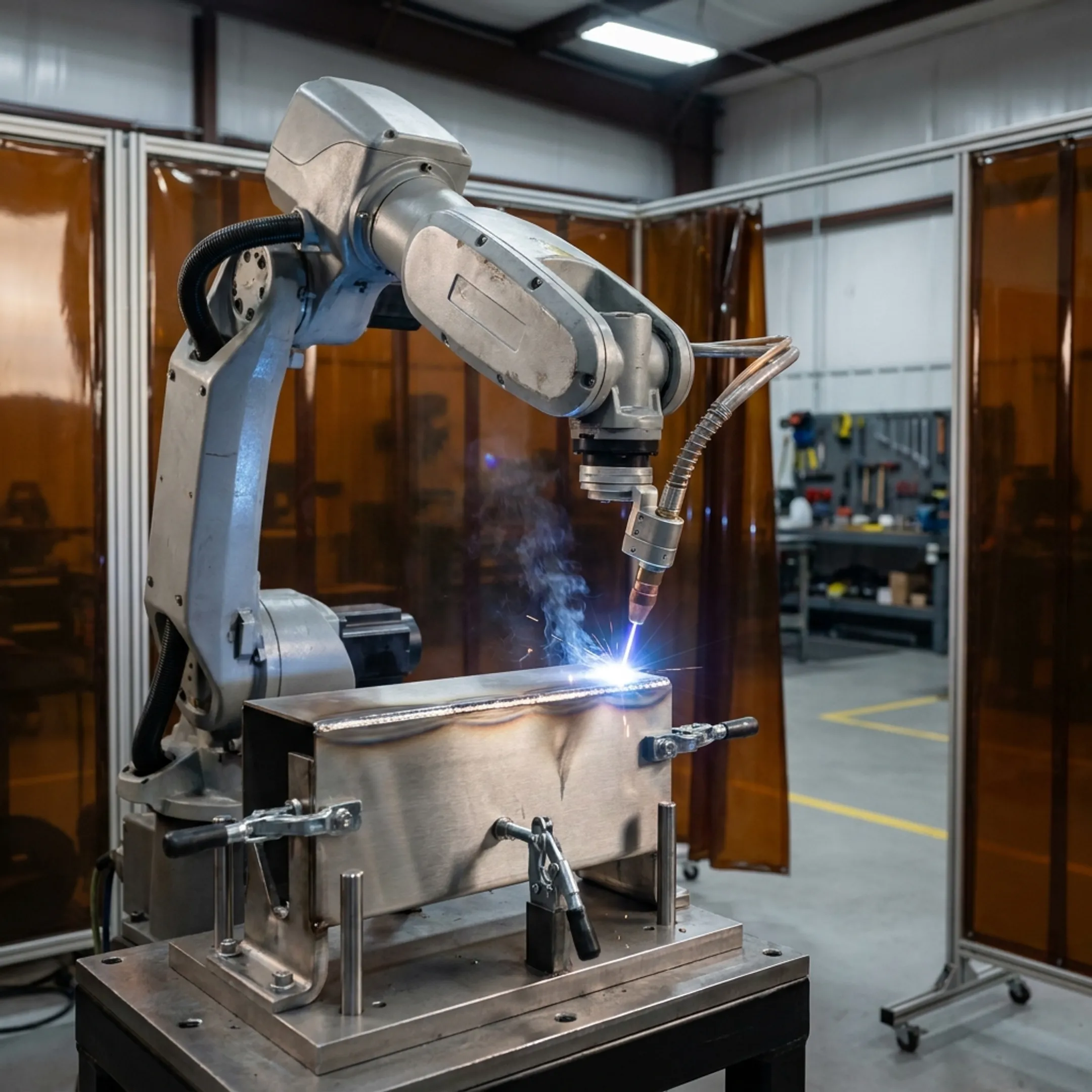 Robotic laser welding system working on a precision metal assembly