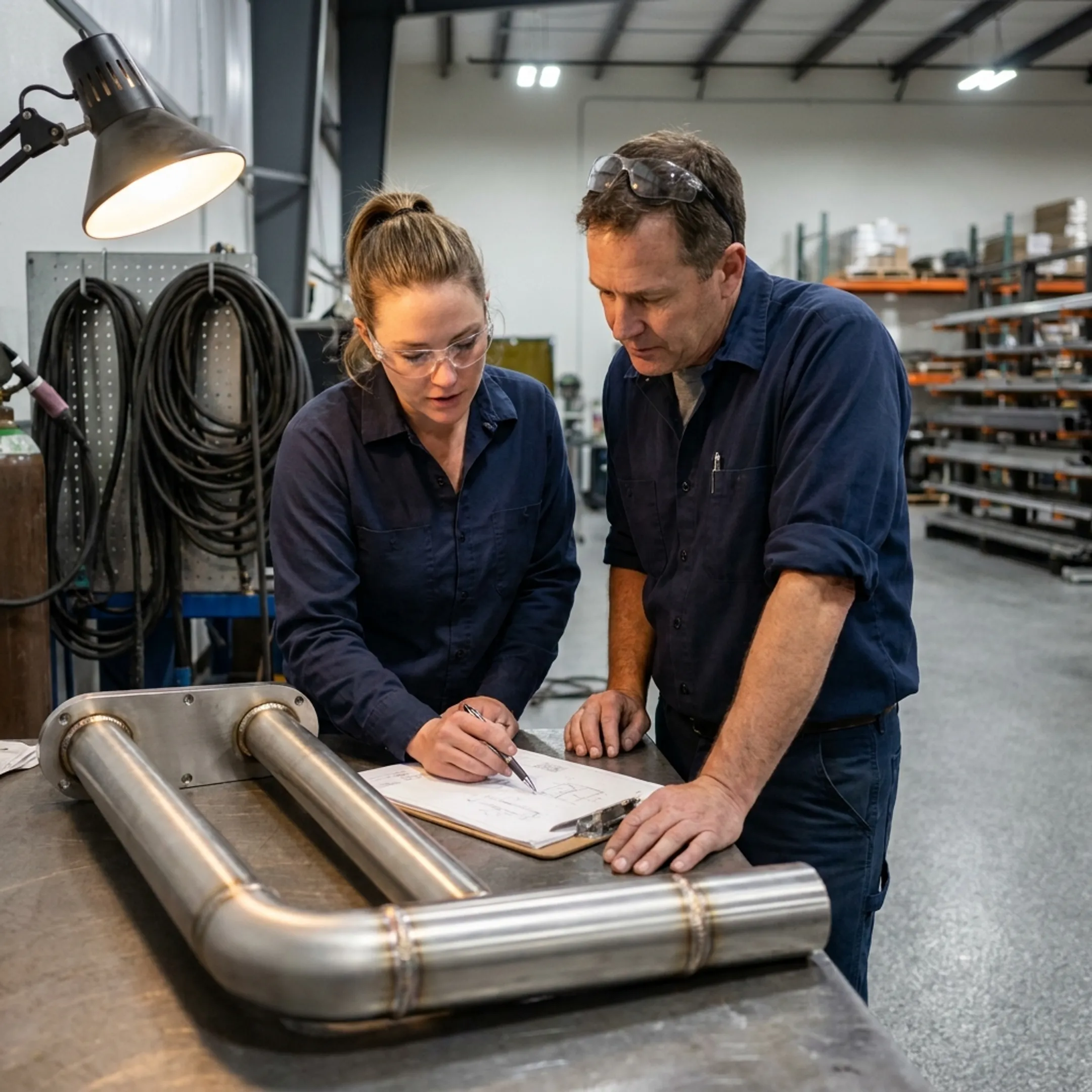 Fabrication team reviewing a technical metal project
