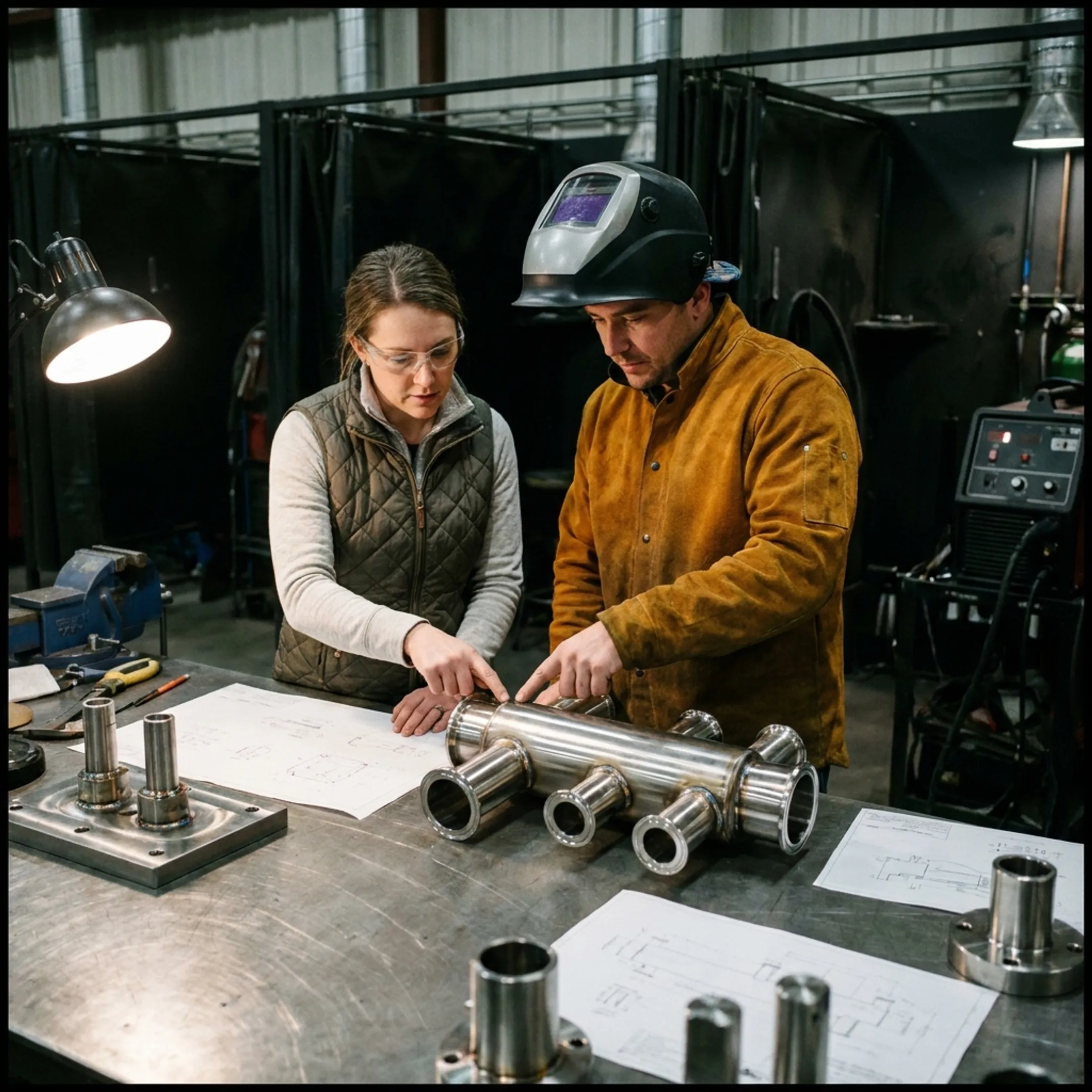 Engineer reviewing a fabricated metal assembly with a welding technician