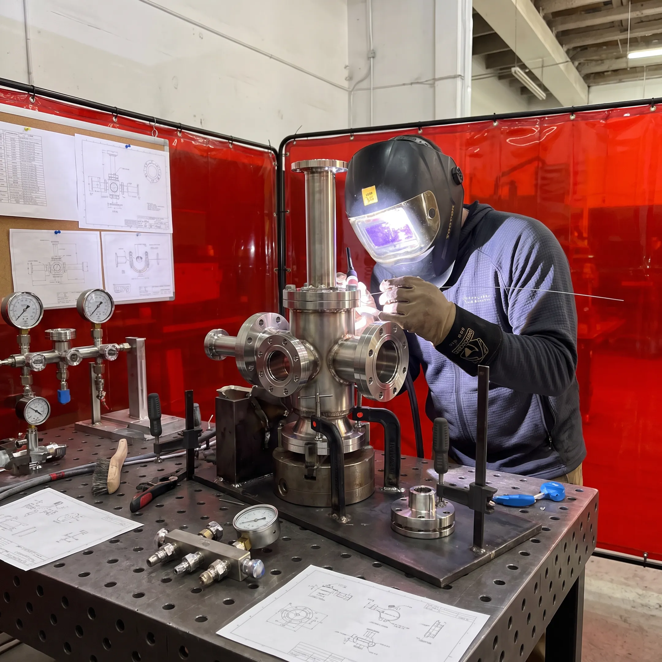 Technician fabricating a precision chamber component