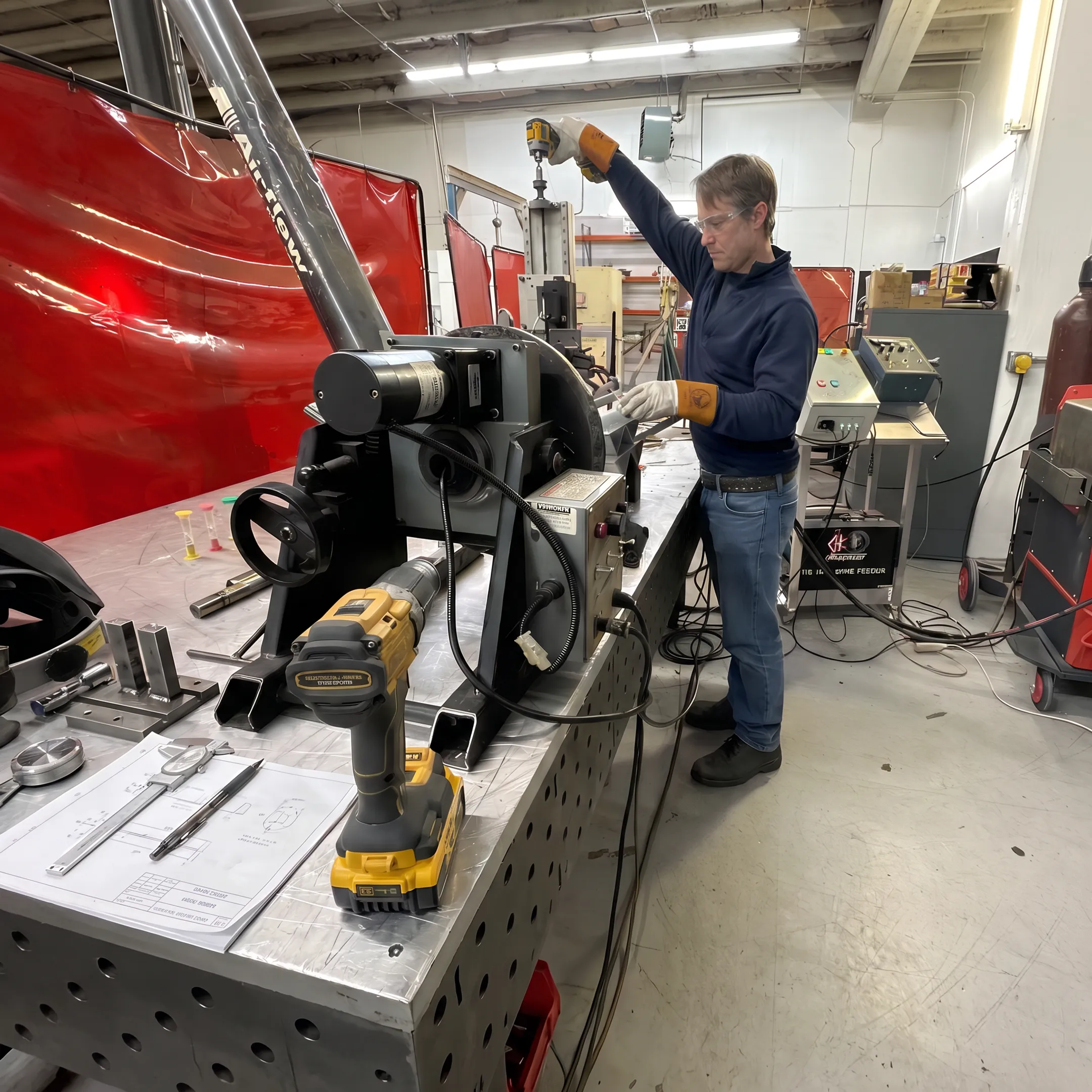 Technician monitoring orbital welding equipment during precision fabrication