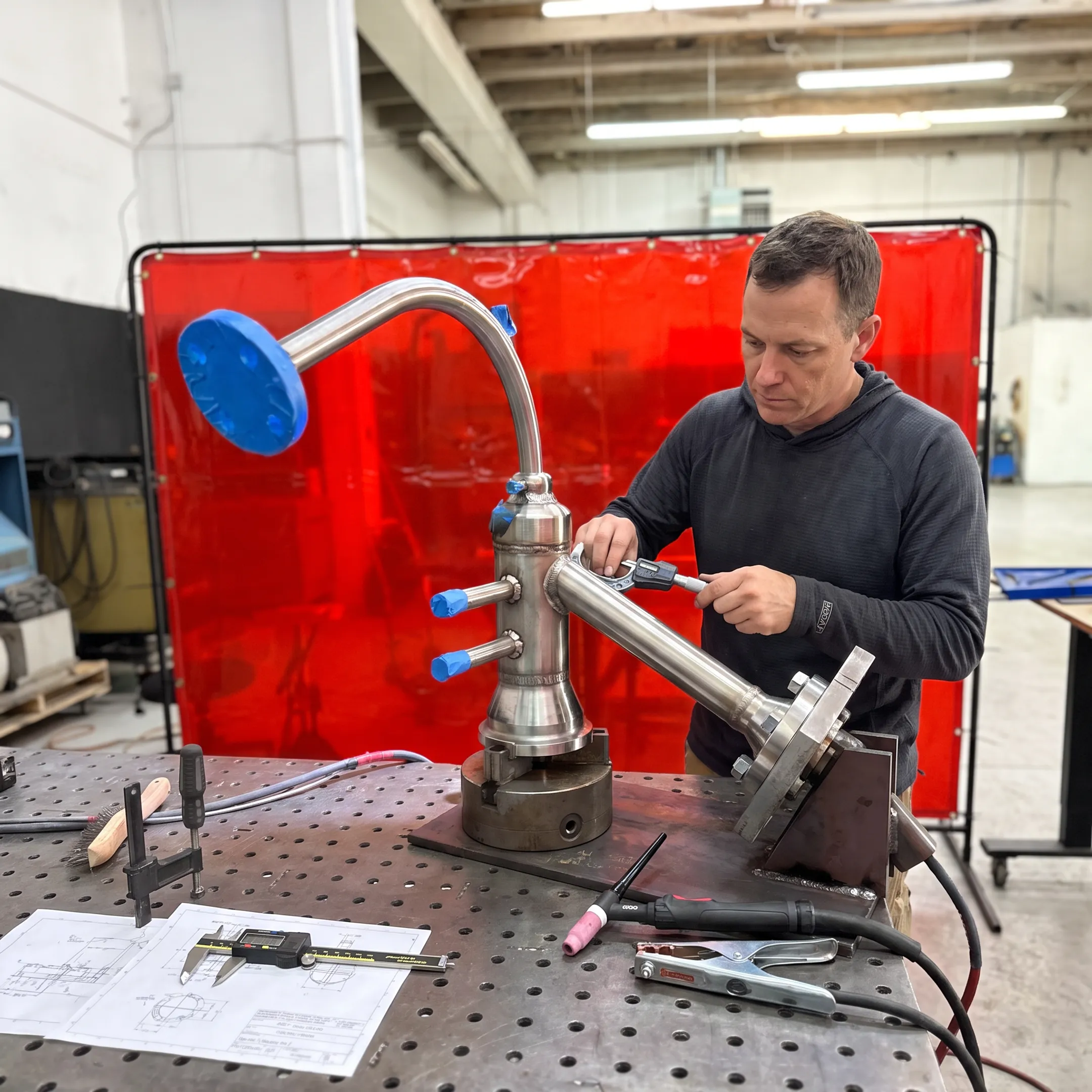 Technician inspecting a precision welded metal component