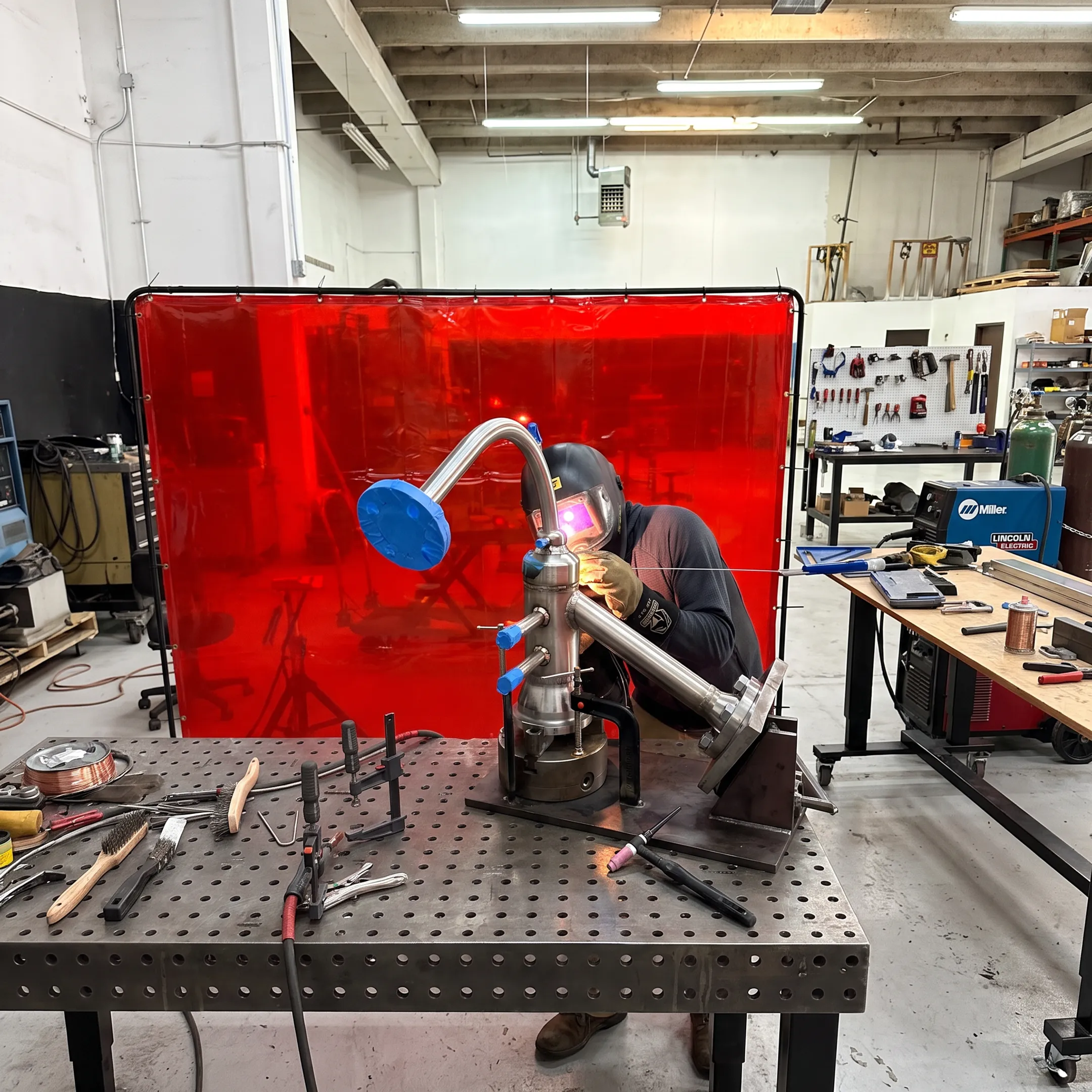 Shop-fabricated metal tank being welded by a technician