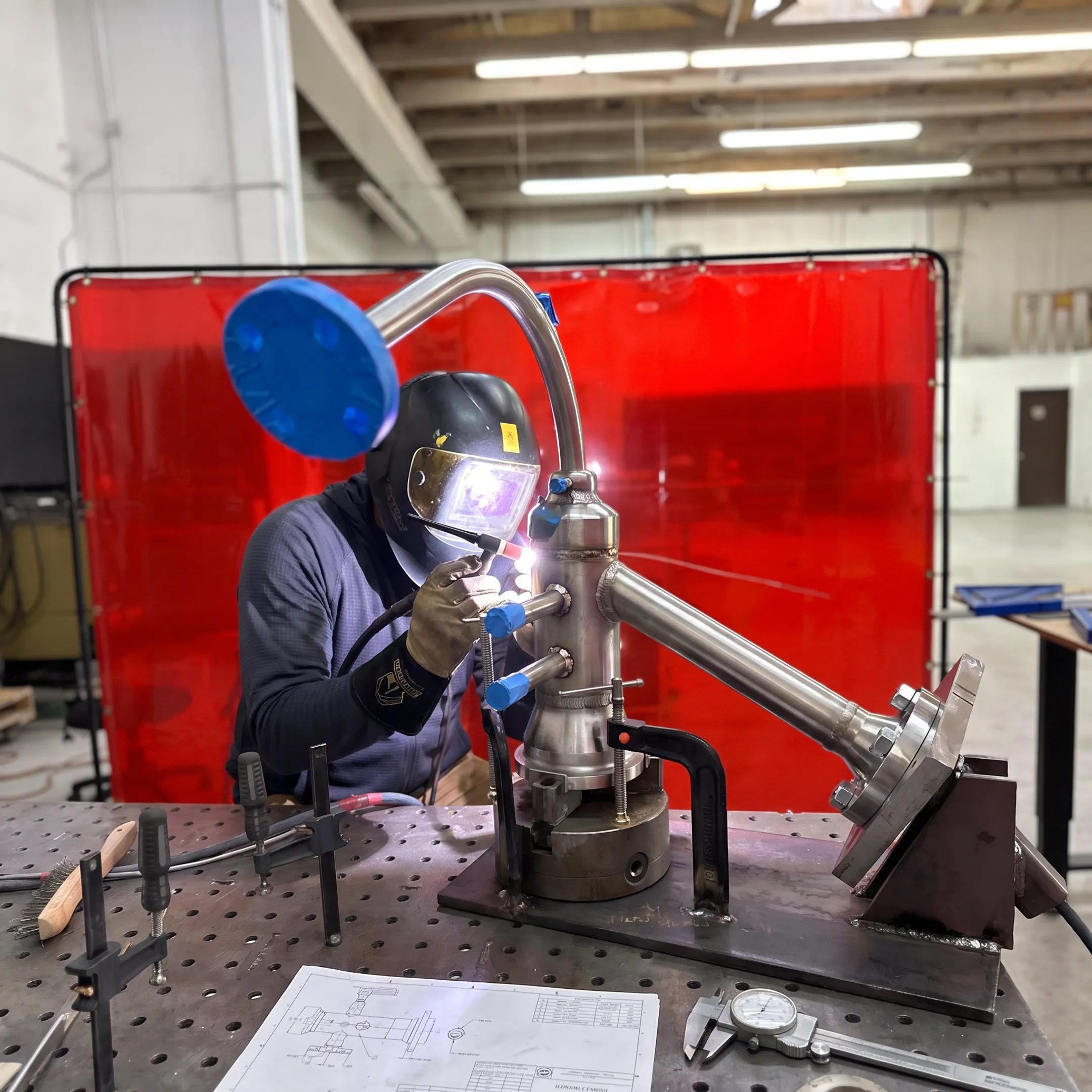 Technician performing controlled welding on an industrial pressure system component