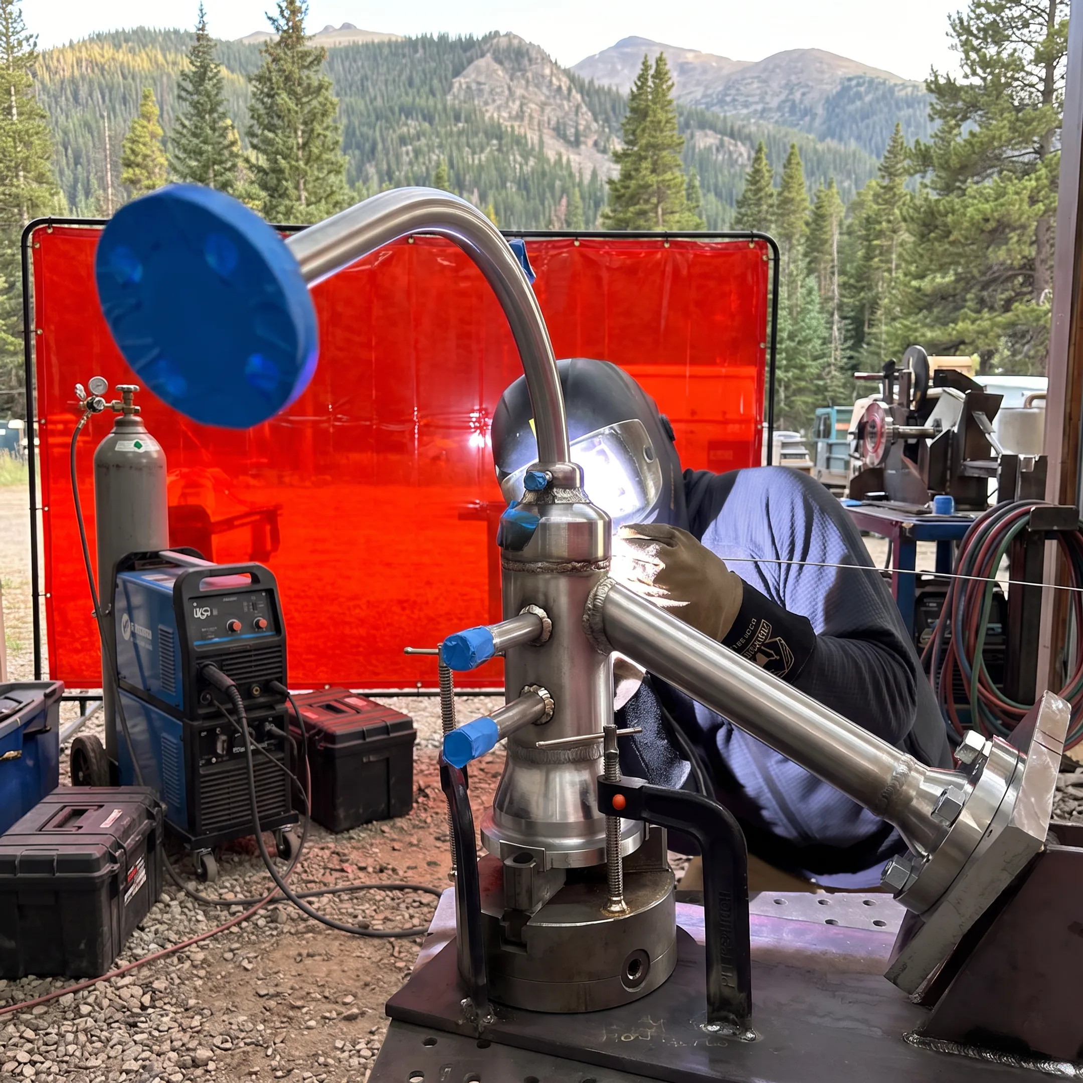 Welder performing mobile on-site fabrication on a stainless steel industrial assembly