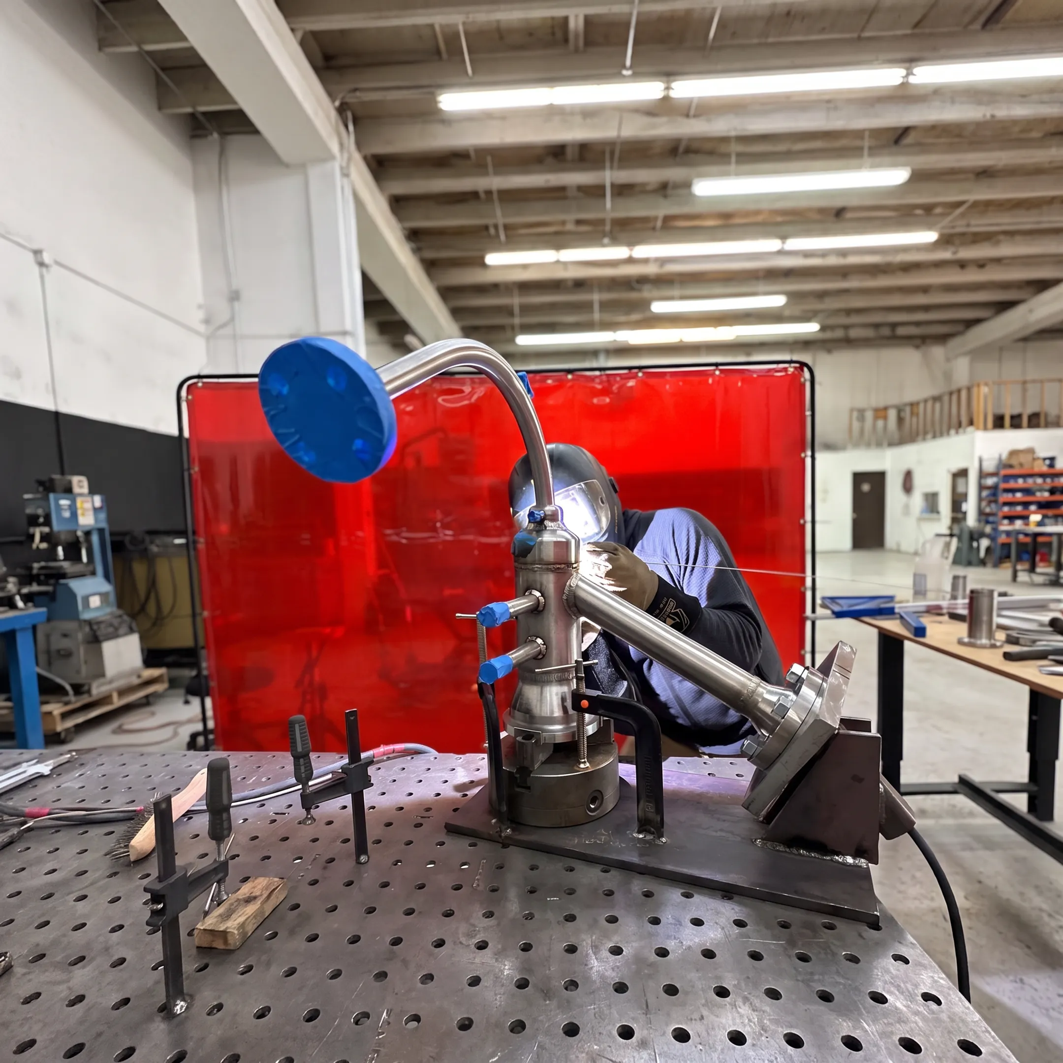 Mobile welder fabricating a specialty alloy assembly at an industrial facility