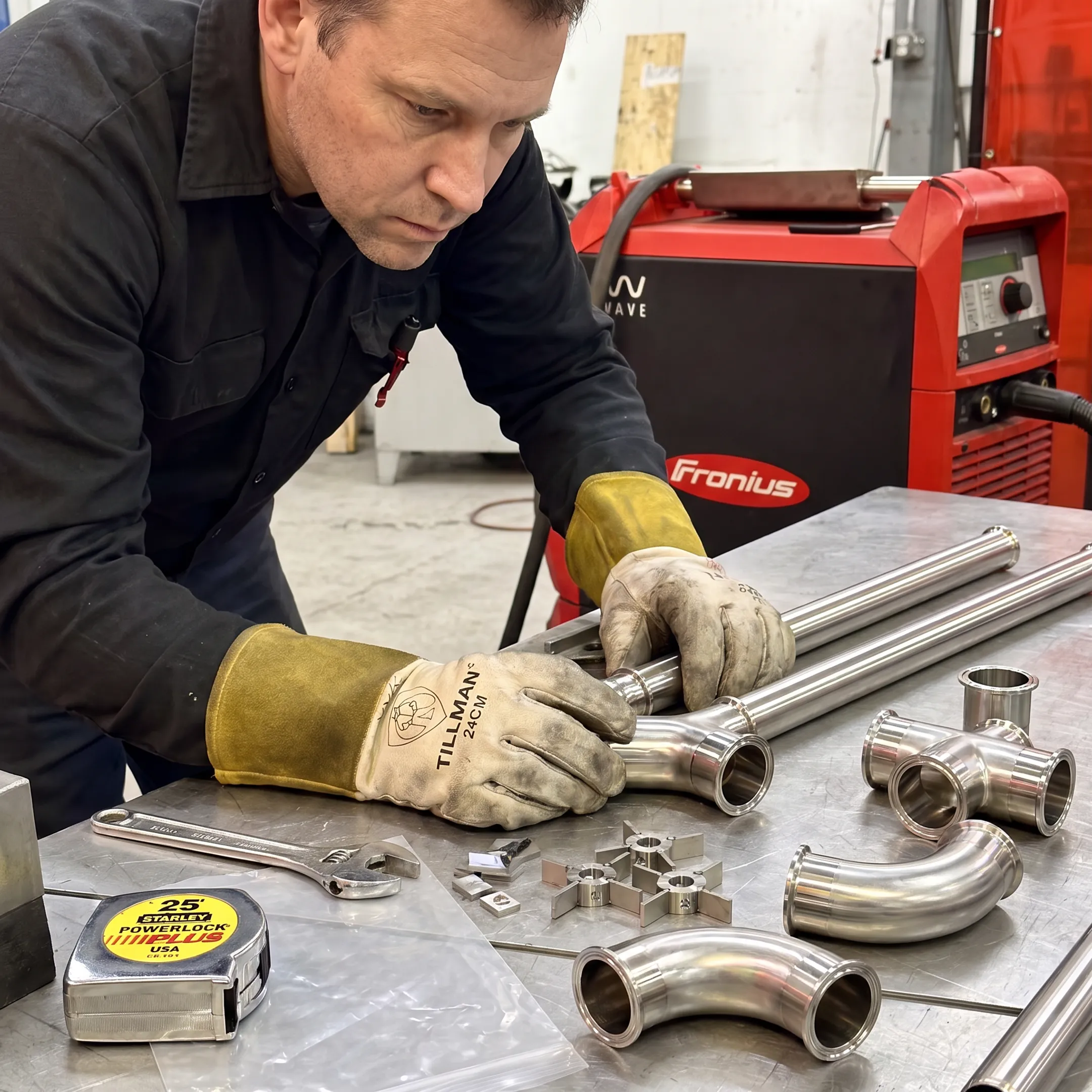 Fabricator inspecting a welded sanitary piping assembly