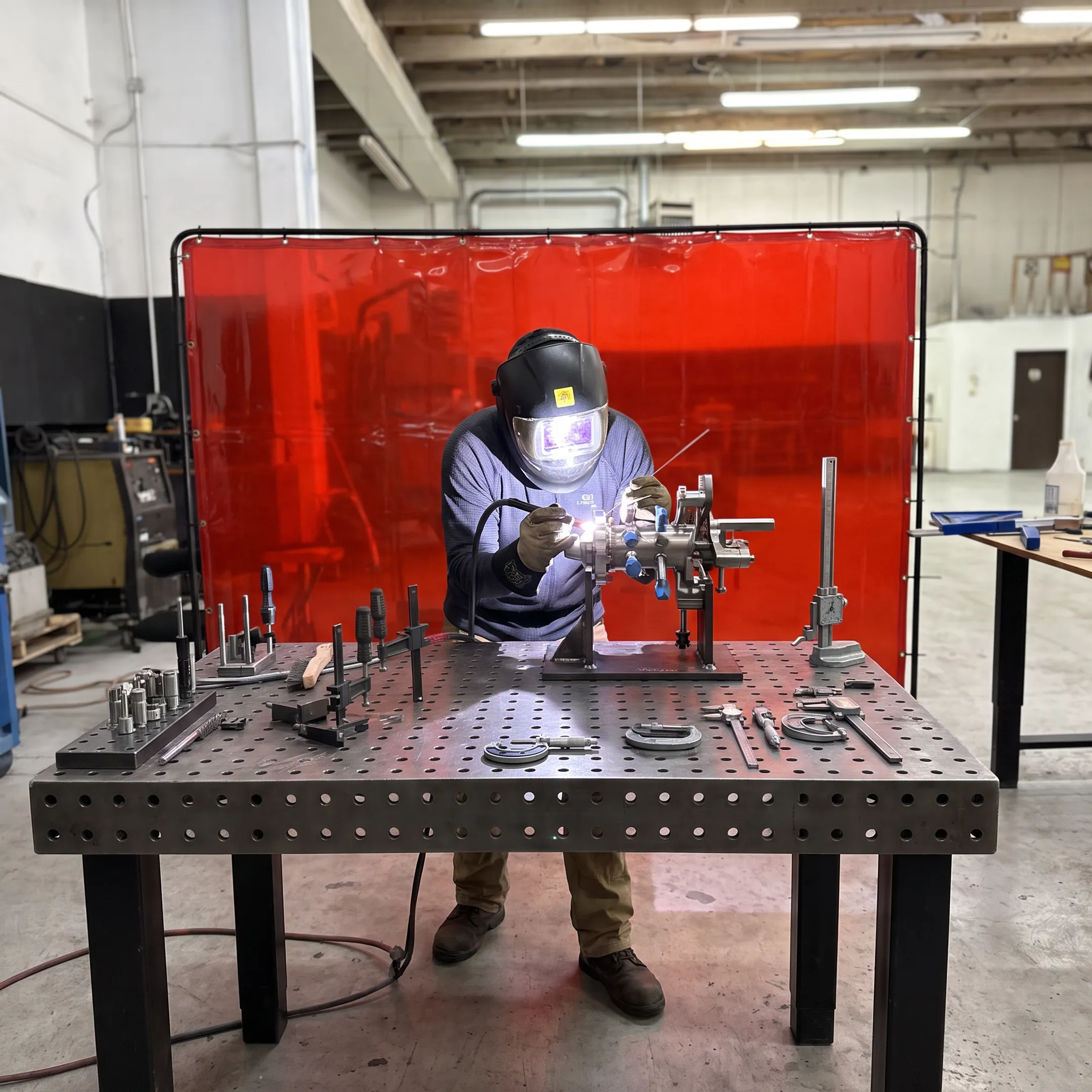 Fabricator TIG welding a precision custom metal assembly in a controlled workshop