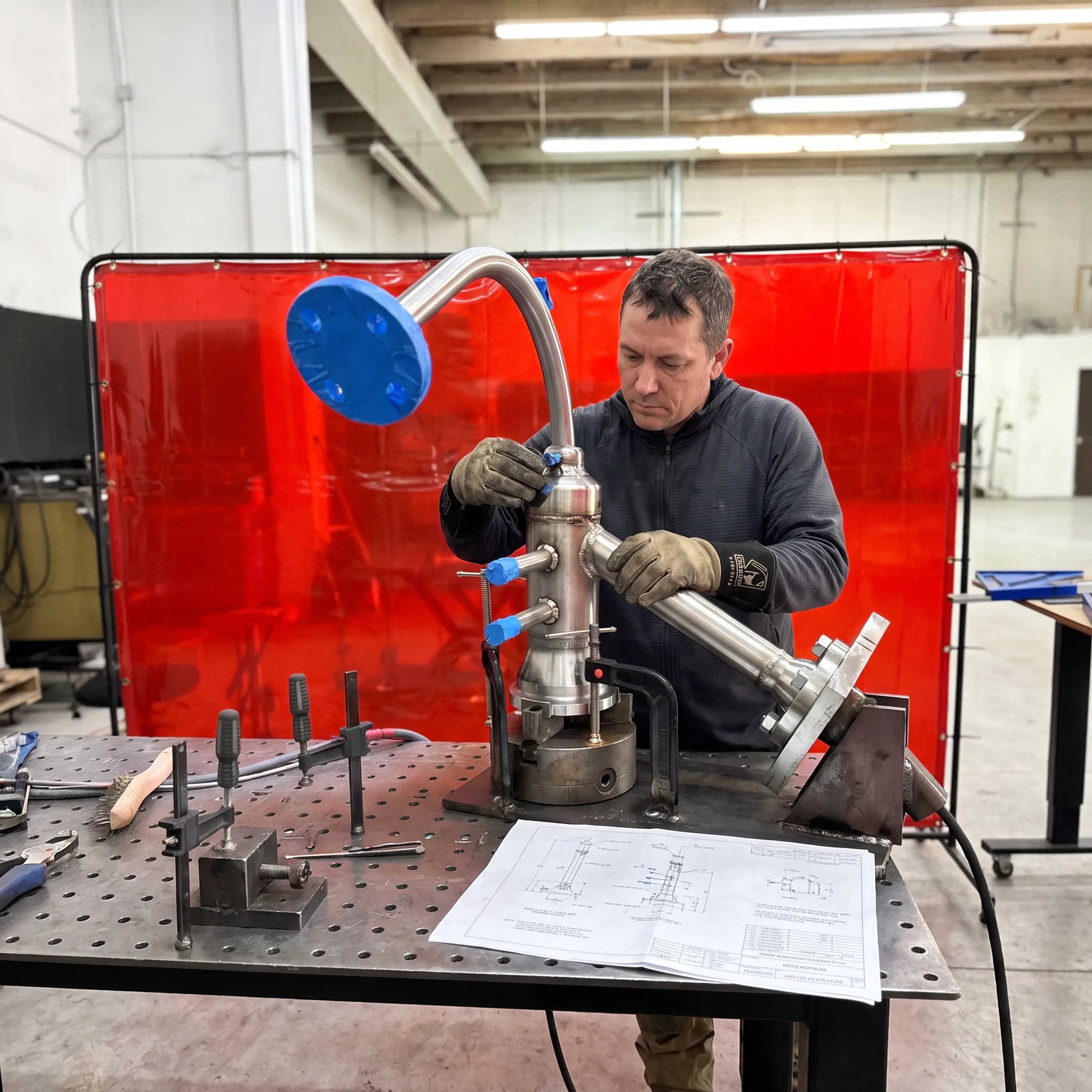 Technician inspecting a custom welded metal assembly