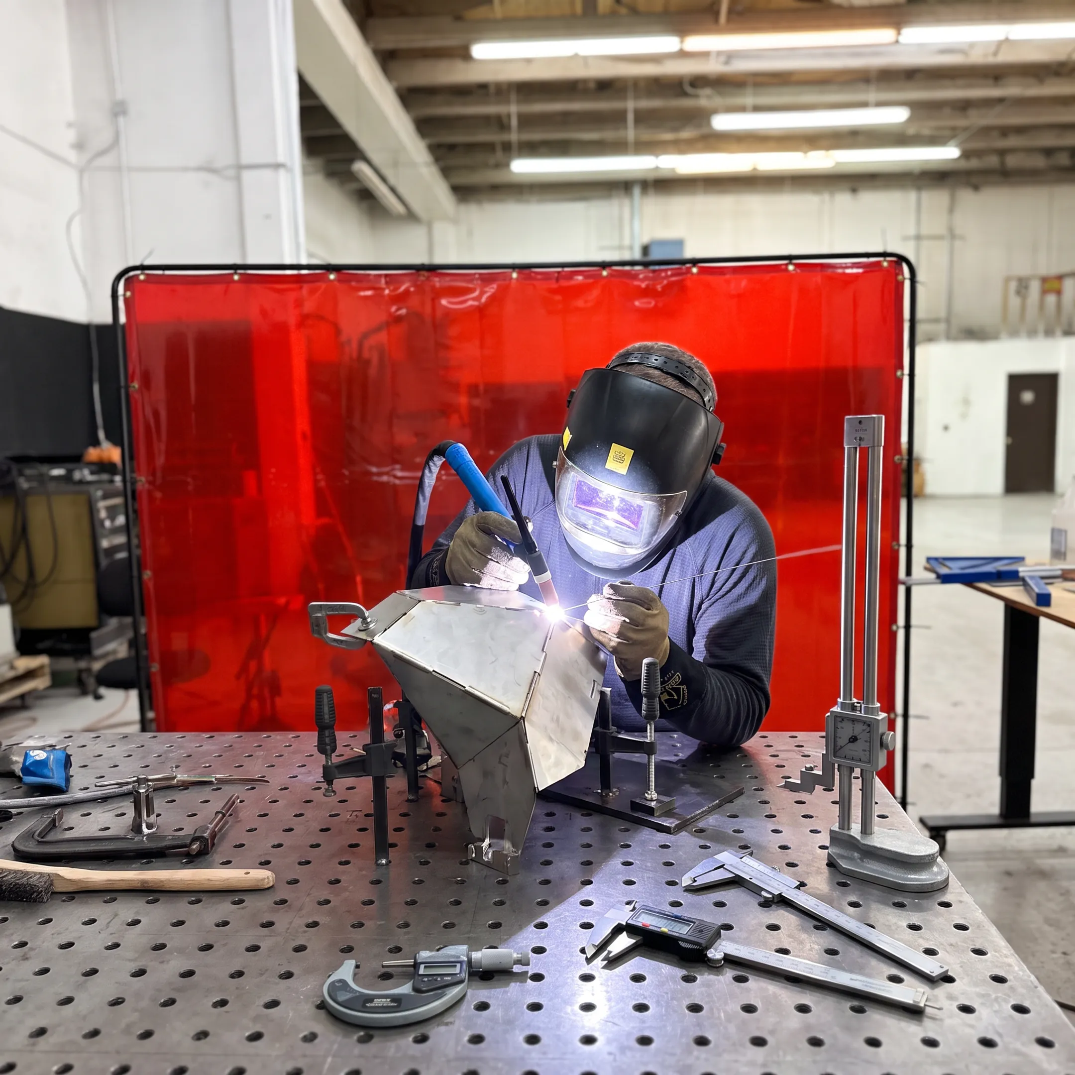 Technician welding a precision metal component in a fabrication shop