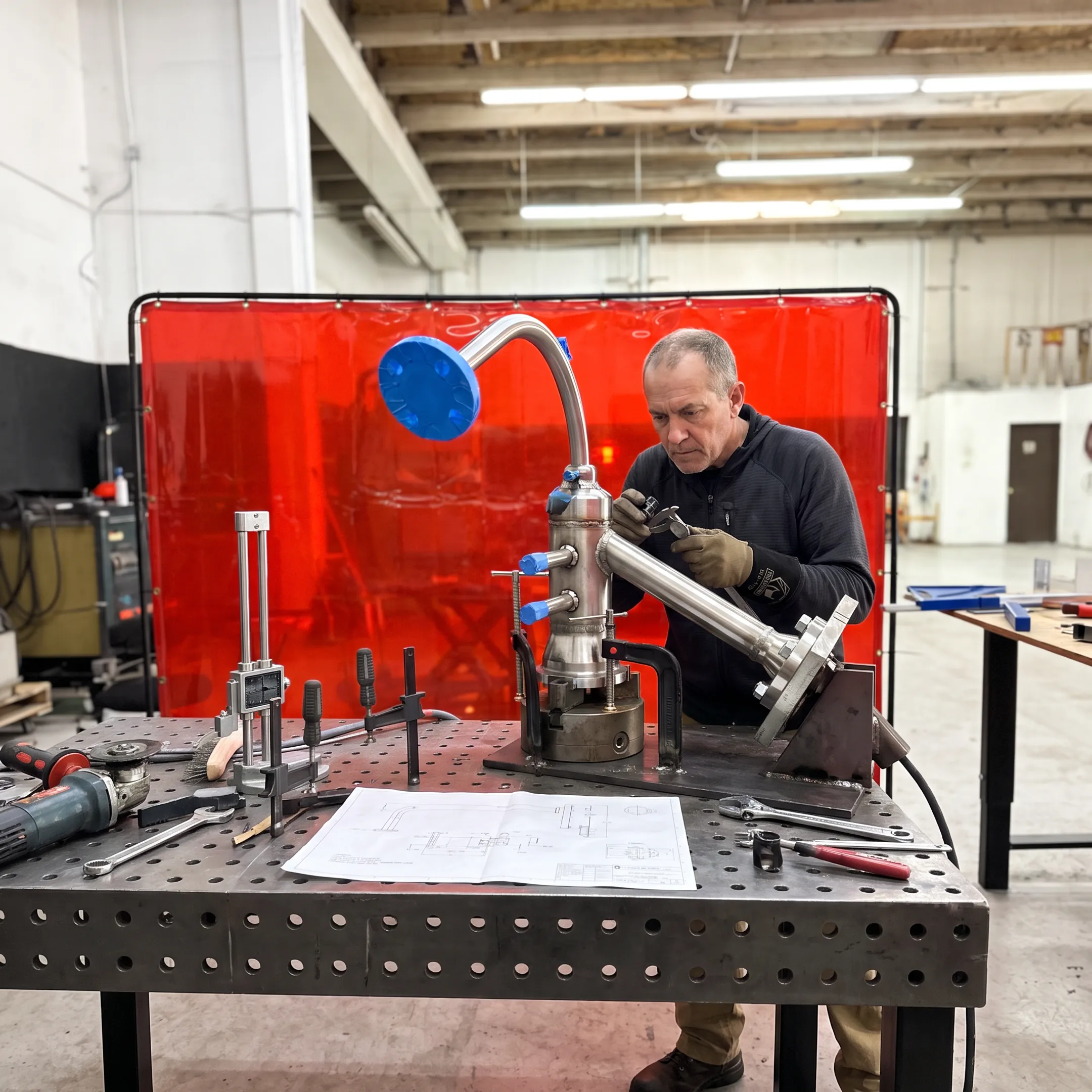 Fabricator inspecting a welded metal assembly