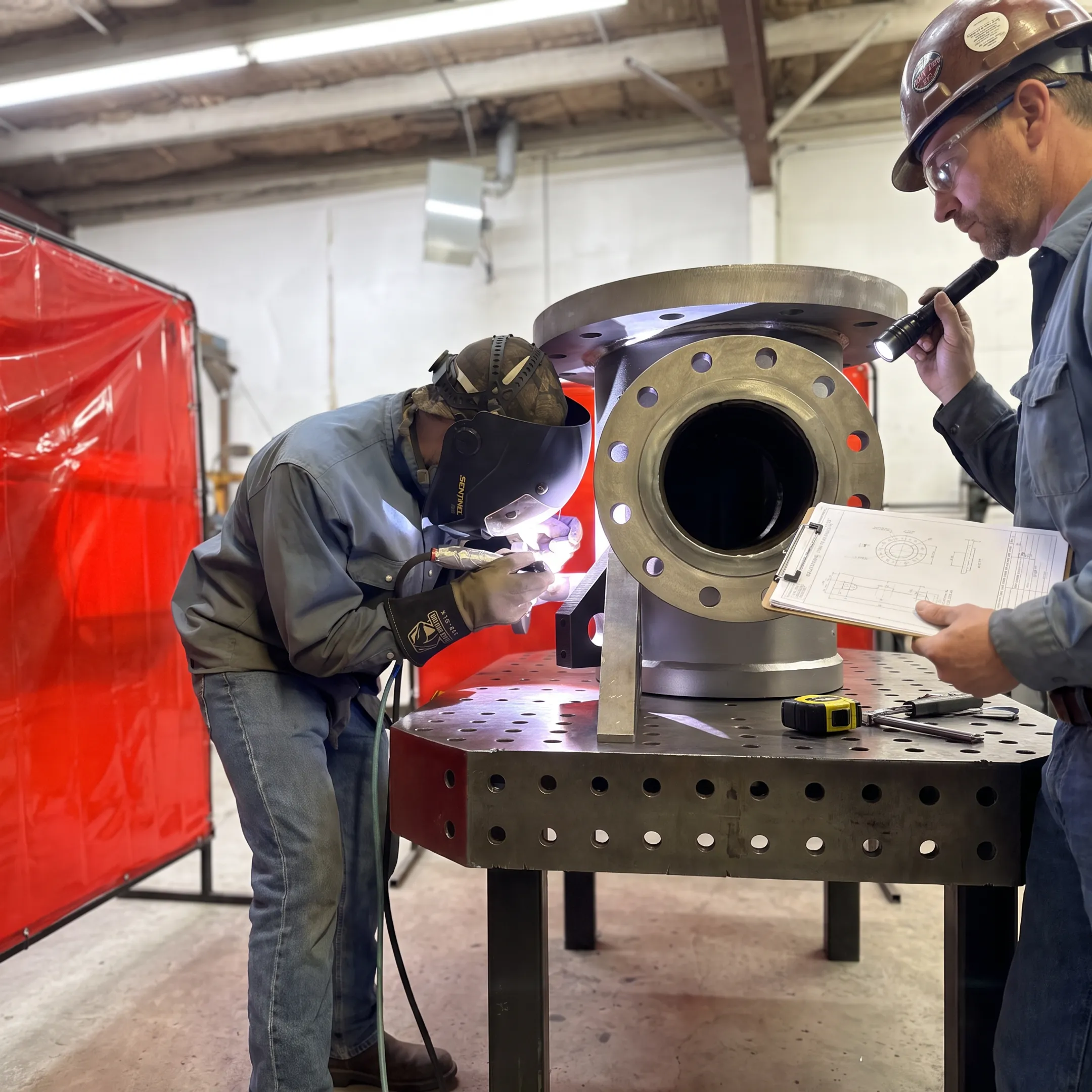 Technician welding and inspecting an industrial pressure vessel assembly