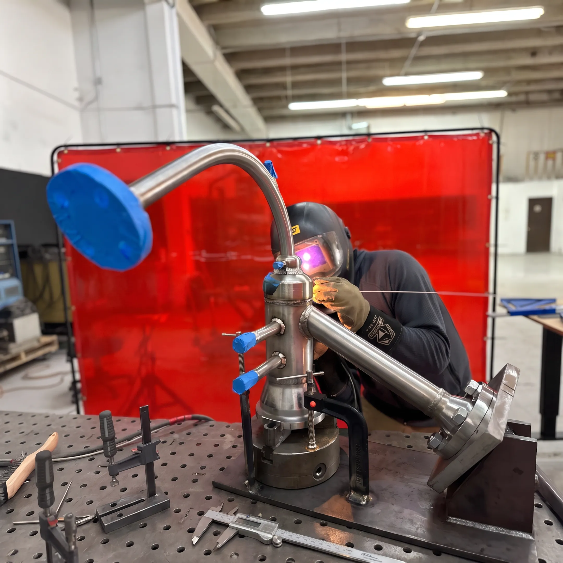 Technician TIG welding a stainless steel industrial piping assembly