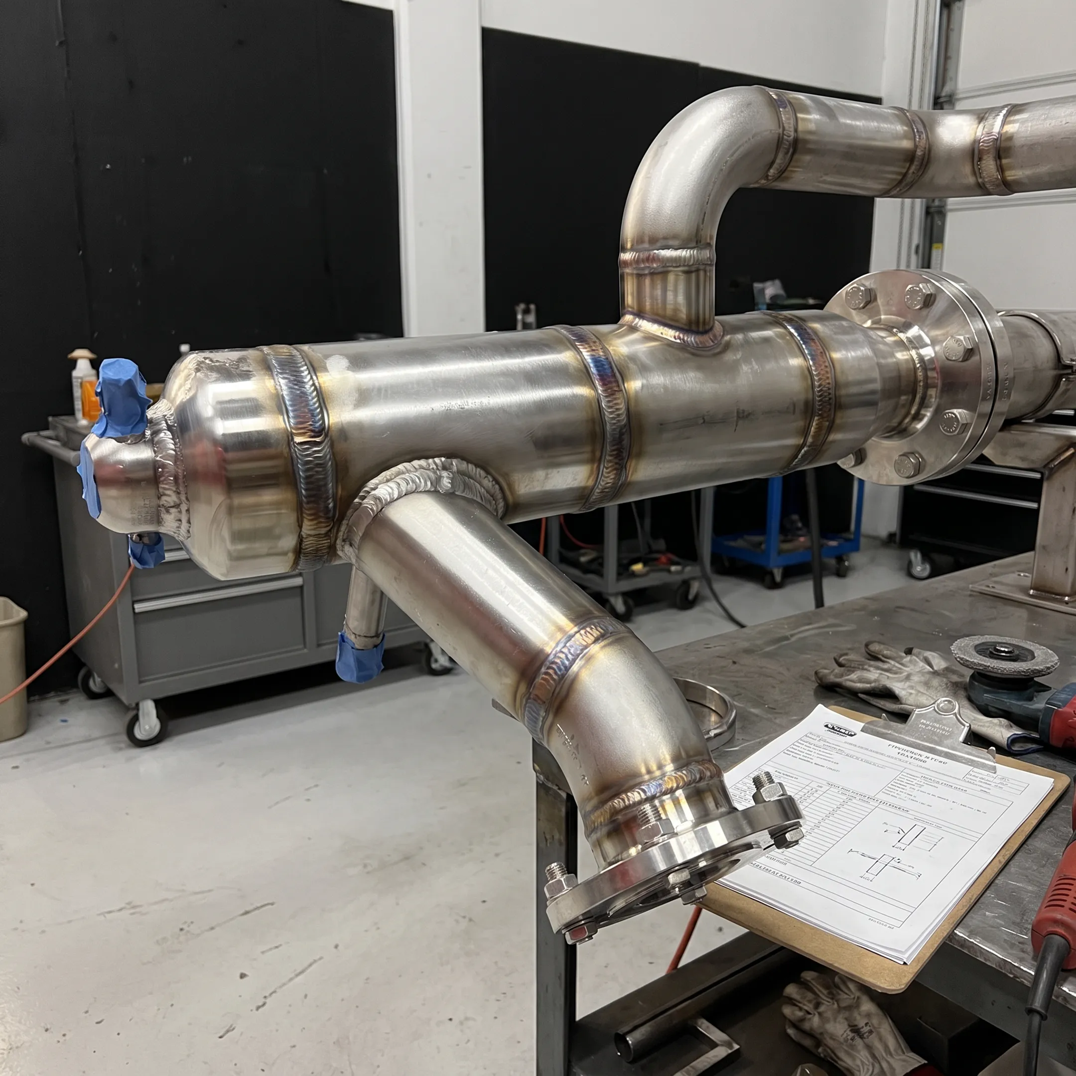 Fabricated stainless steel process piping assembly prepared for inspection
