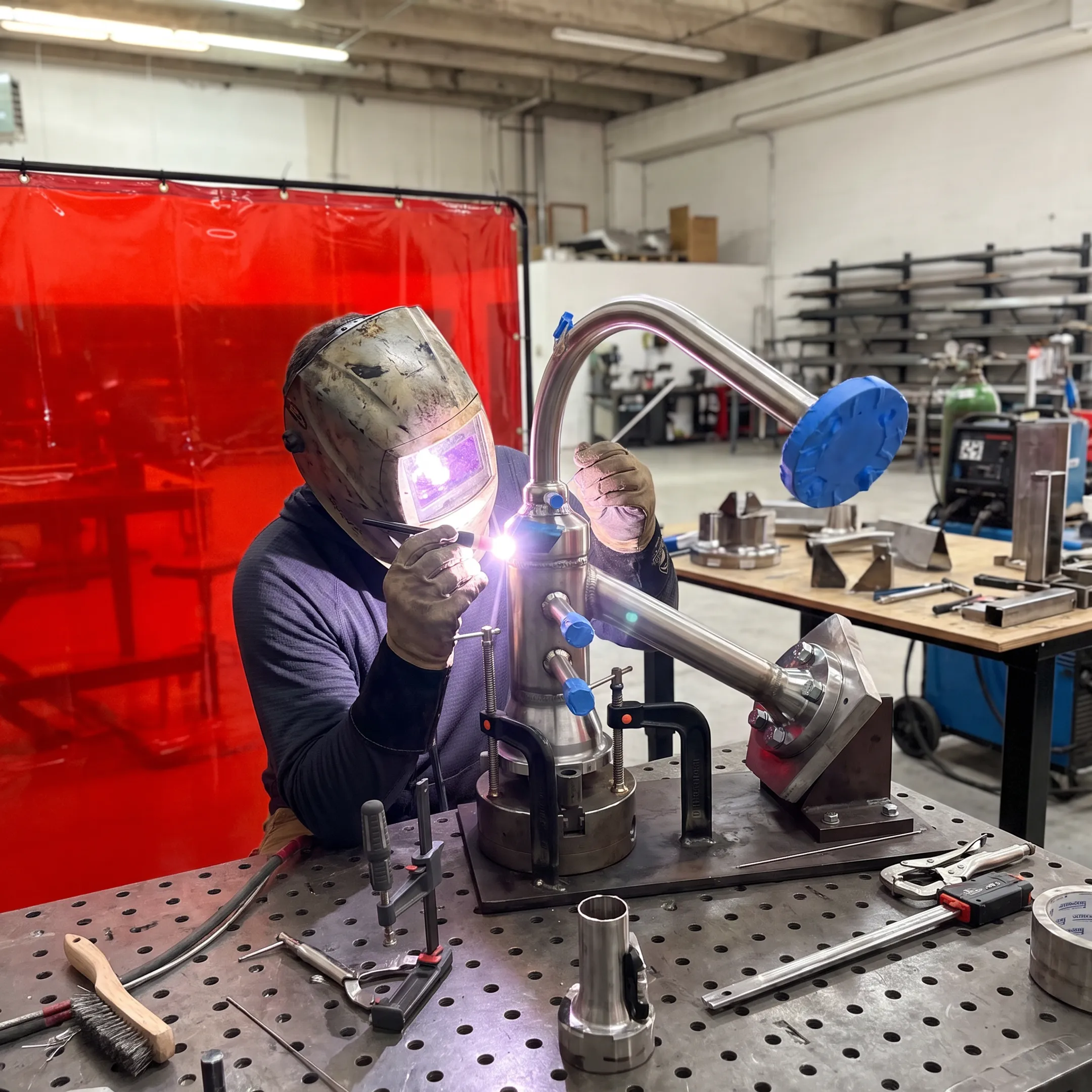 Precision welder fabricating stainless steel process piping in a controlled workshop