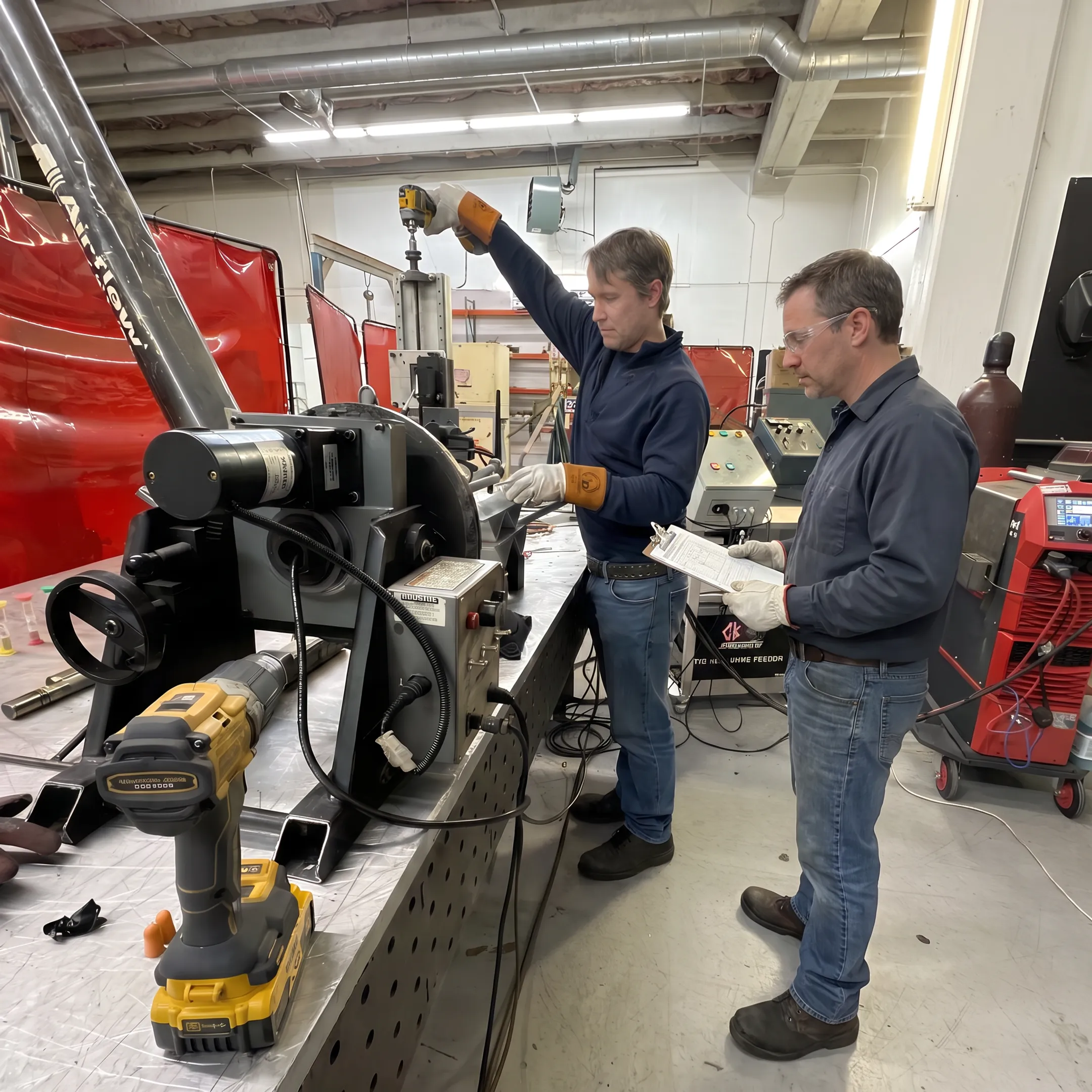 Technician reviewing an automated tank welding setup